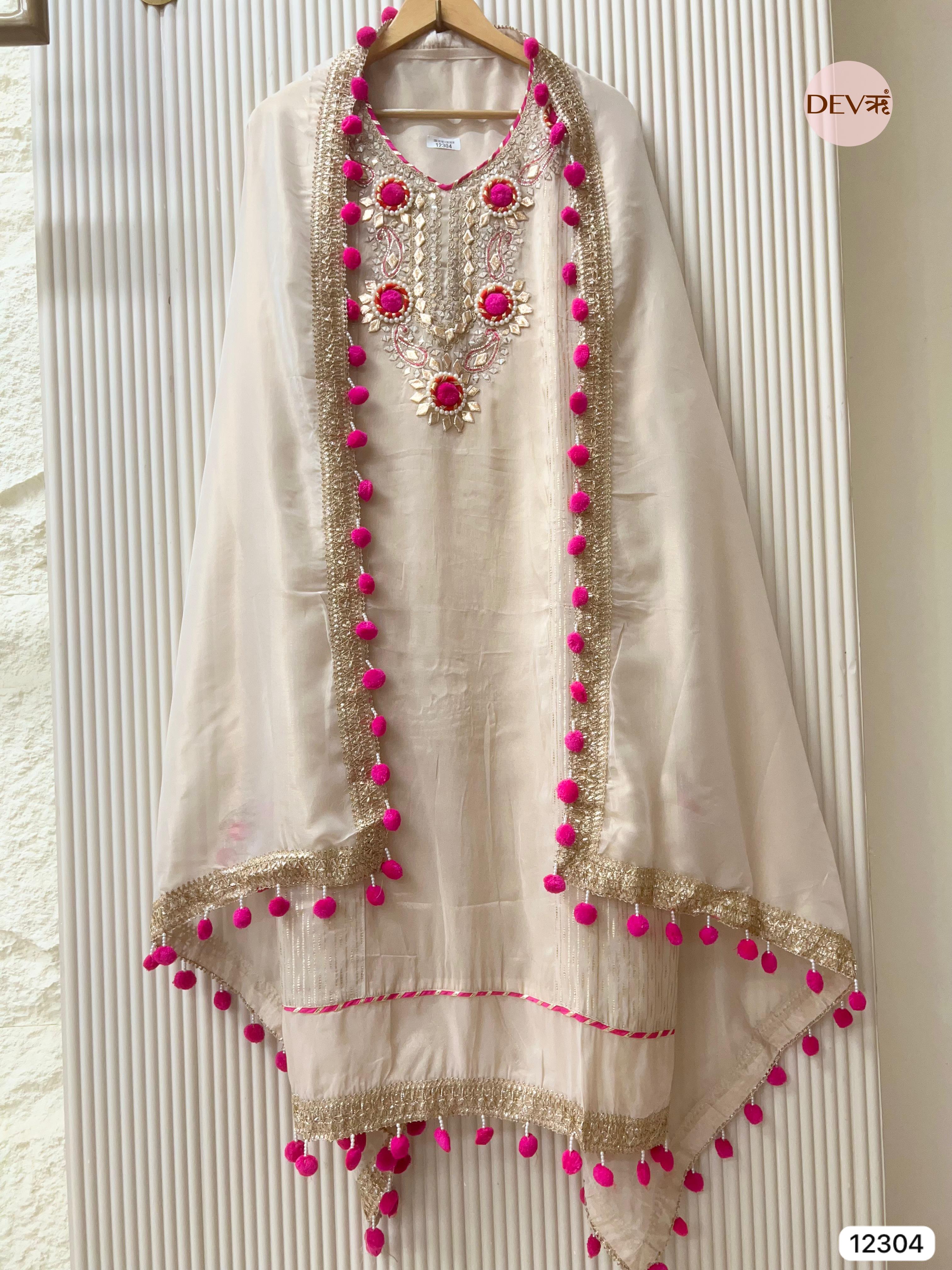 Ivory Pink Tissue Silk Embroidered Unstitched 3-Piece Suit (Devri – D.No 12304)