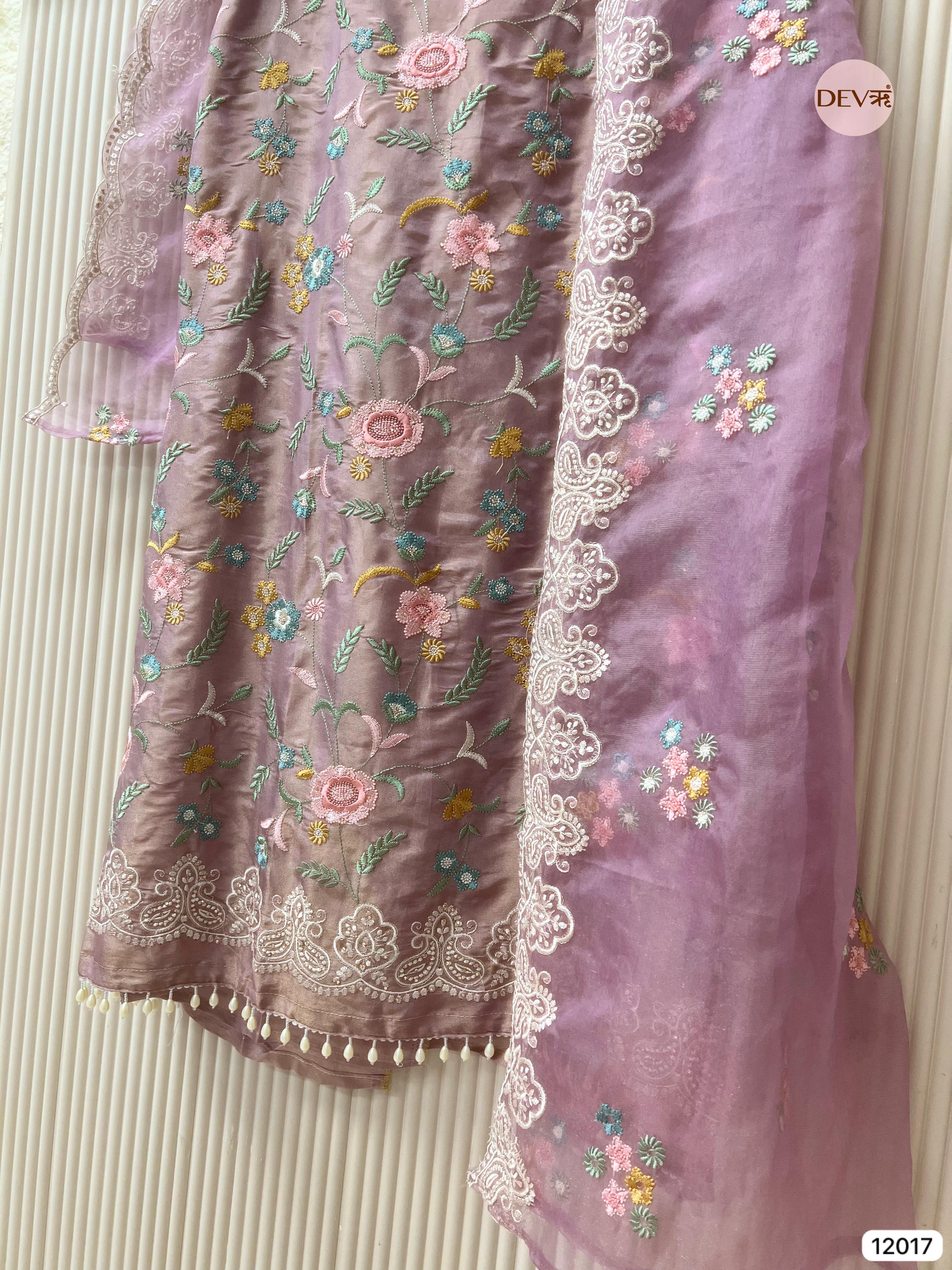 Light Purple Shimmer Tissue Silk Unstitched Embroidered -Set Of 3 - {12017}