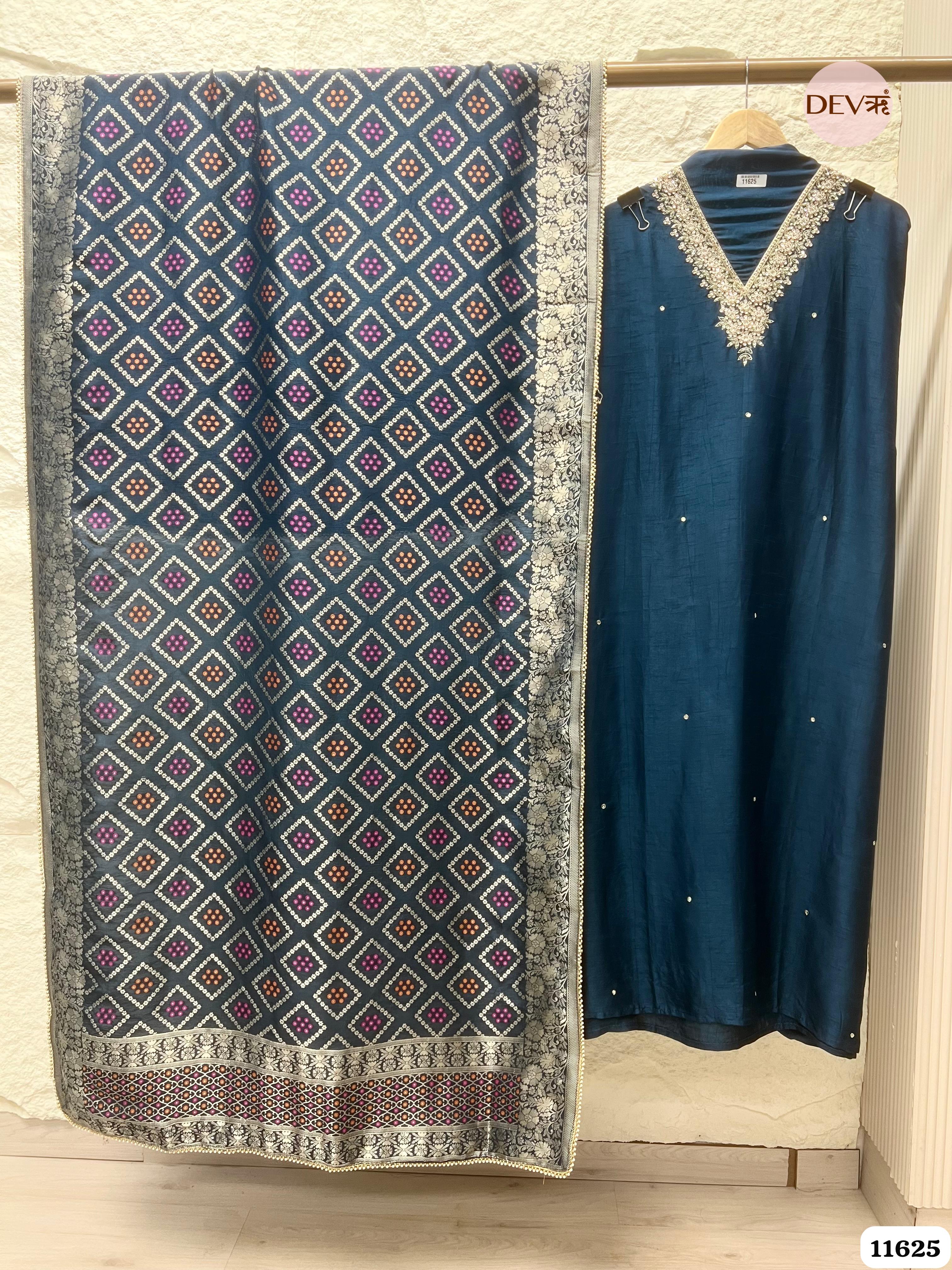 Navy Blue Pure Russian Silk Unstitched Hand Embroidered -Set Of 3 {11625}