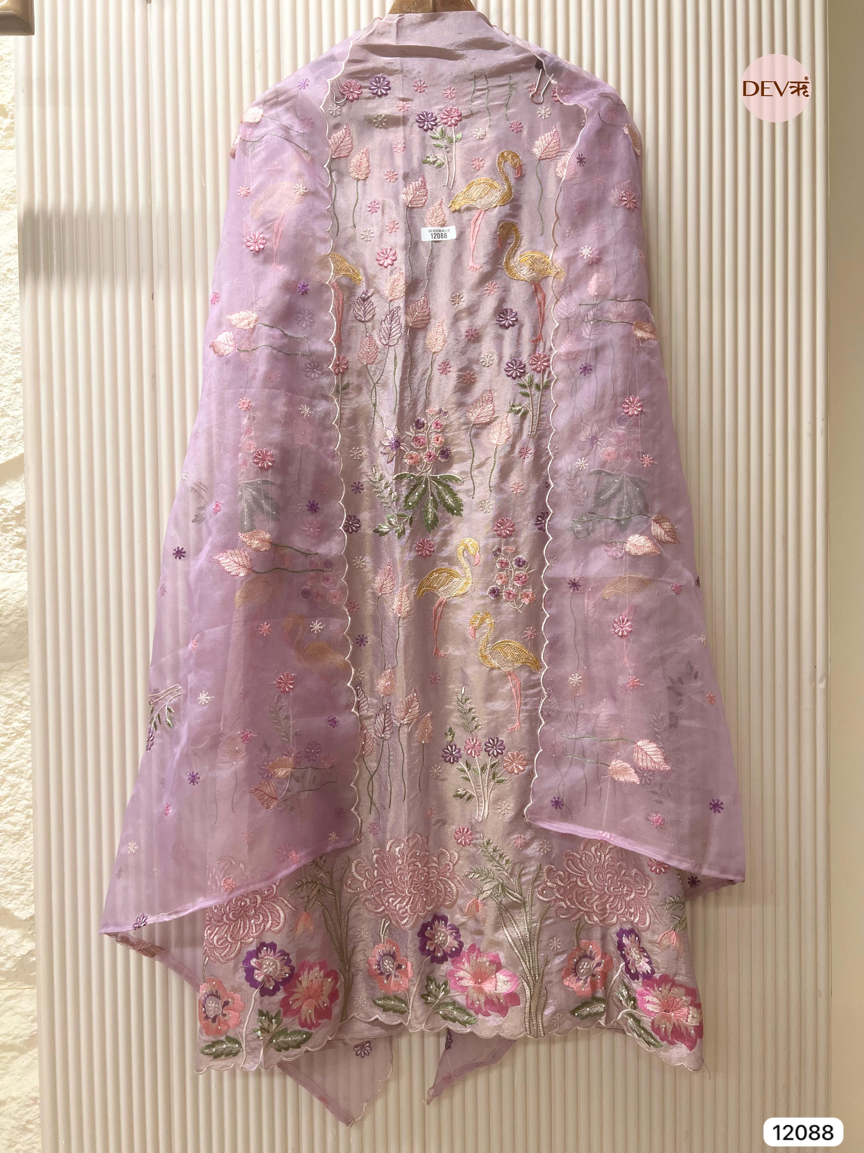 Light Purple Shimmer Tissue Silk Unstitched Embroidered -Set Of 3 - {12088}