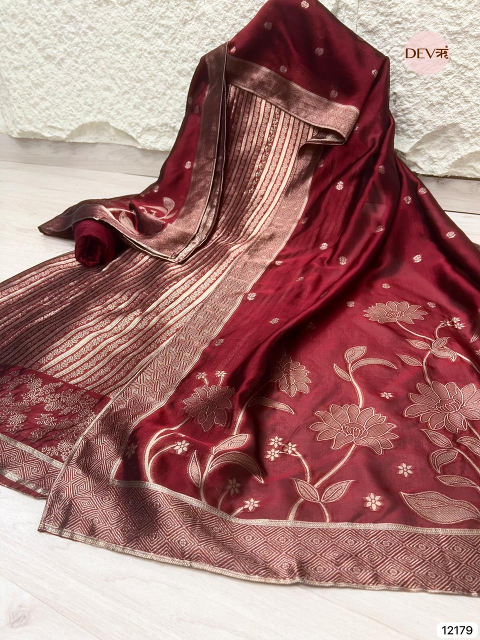 Maroon Pure Banarasi silk Unstitched Hand Embroidered -Set Of 3 - {12179}