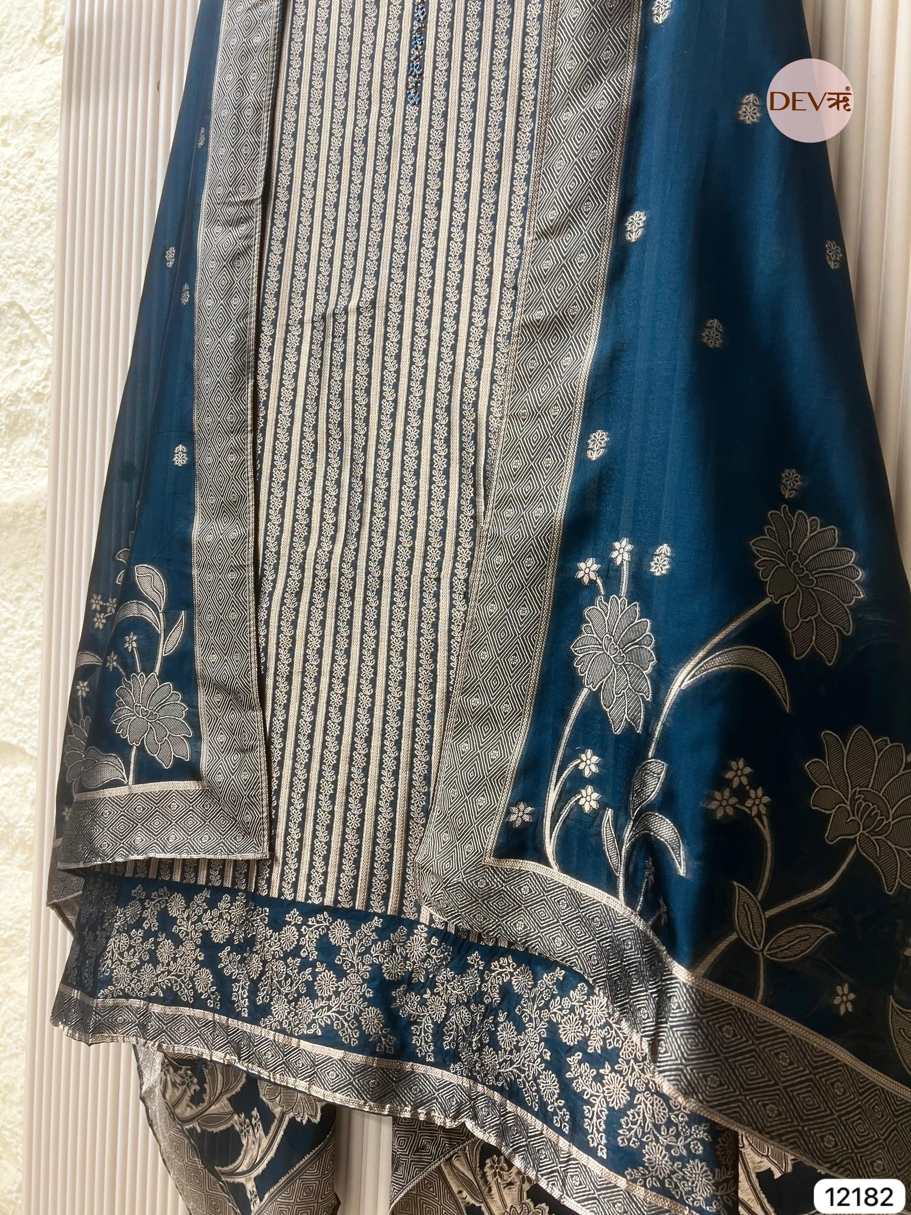 Blue Pure Banarasi Silk Unstitched Hand Embroidered-Set of 3 - {12182}