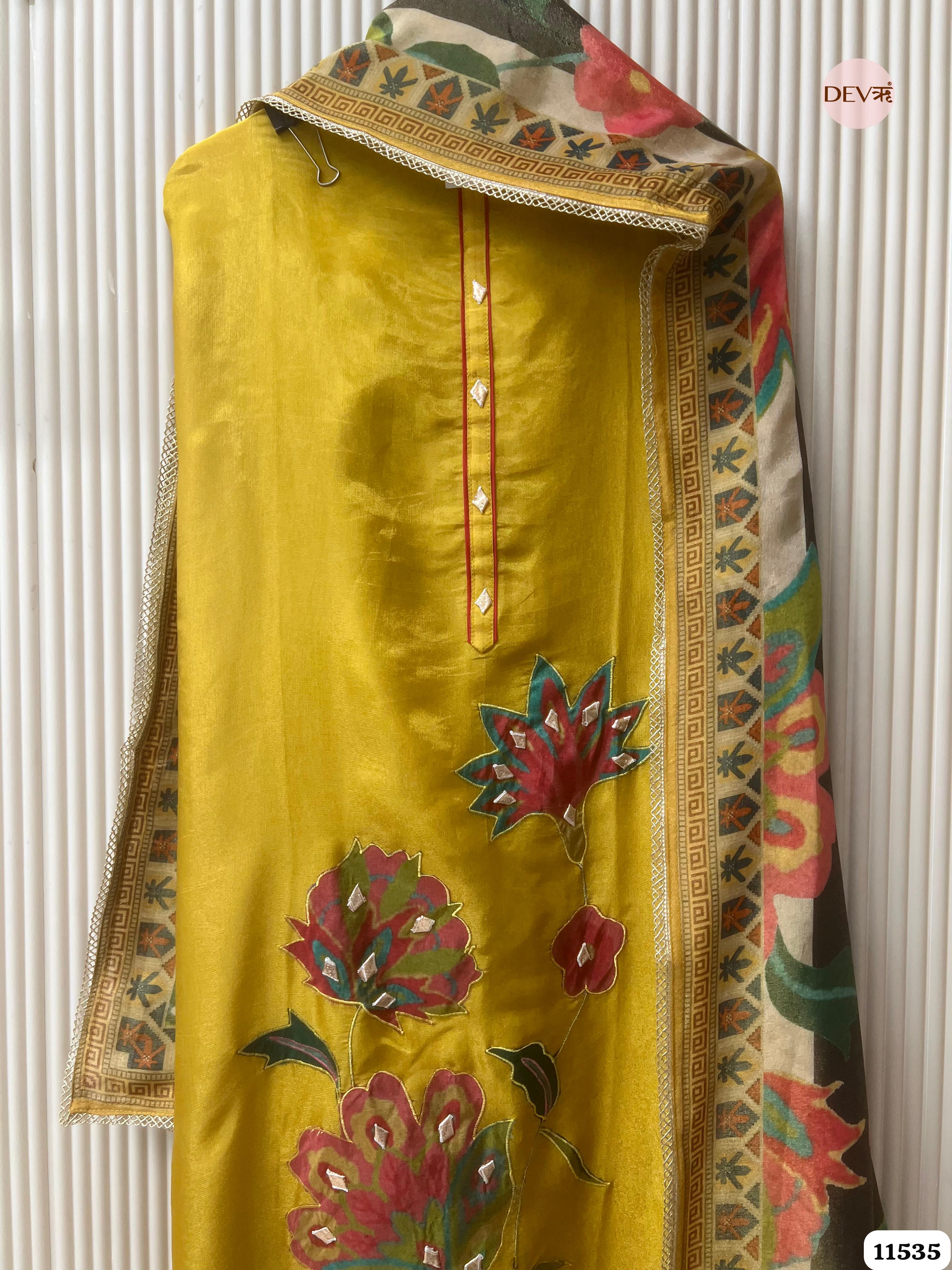 Yellow Tissue Silk Unstitched Applique Work Hand Embroidered -Set Of 3 {11535}