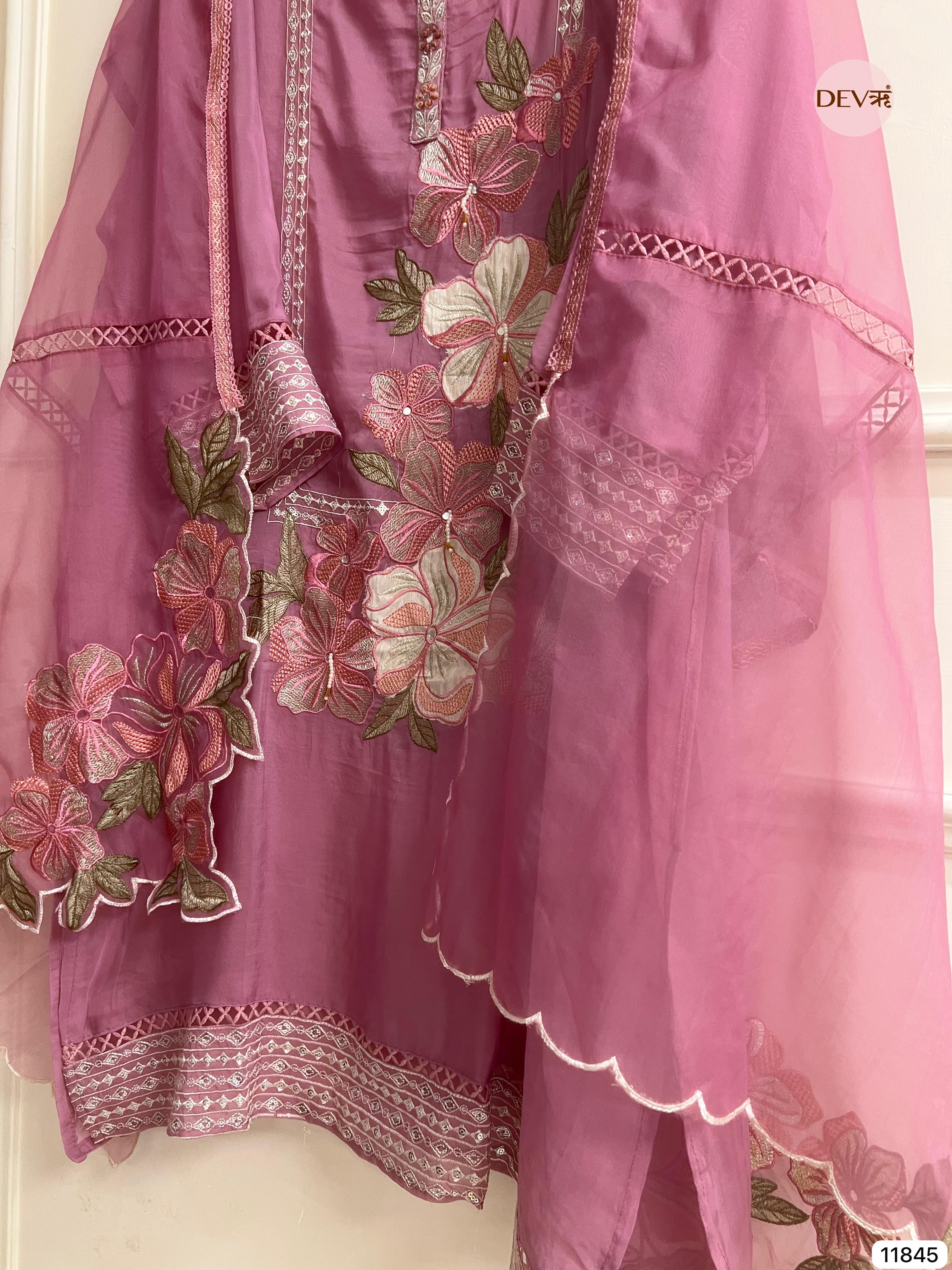 Purple Organza Semi Stitched Embroidered -Set Of 3- {11845}