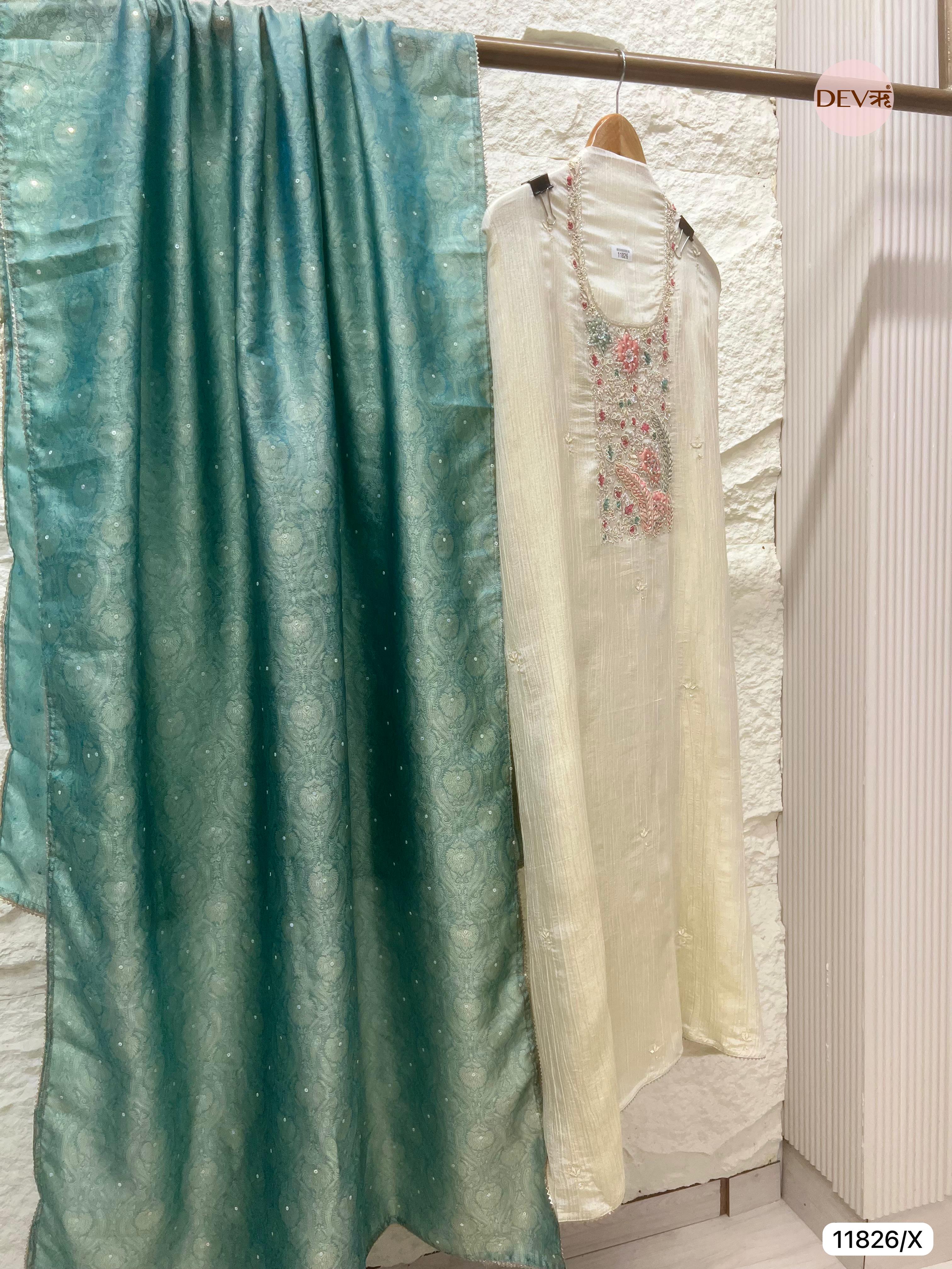 Off White Pure Tissue Crush Silk Unstitched Hand Embroidered -Set Of 3- {11826/X}