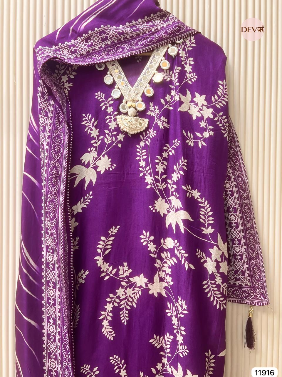 Purple Pure Russian Silk Unstitched Printed Hand Embroidered -Set Of 3 - {11916}