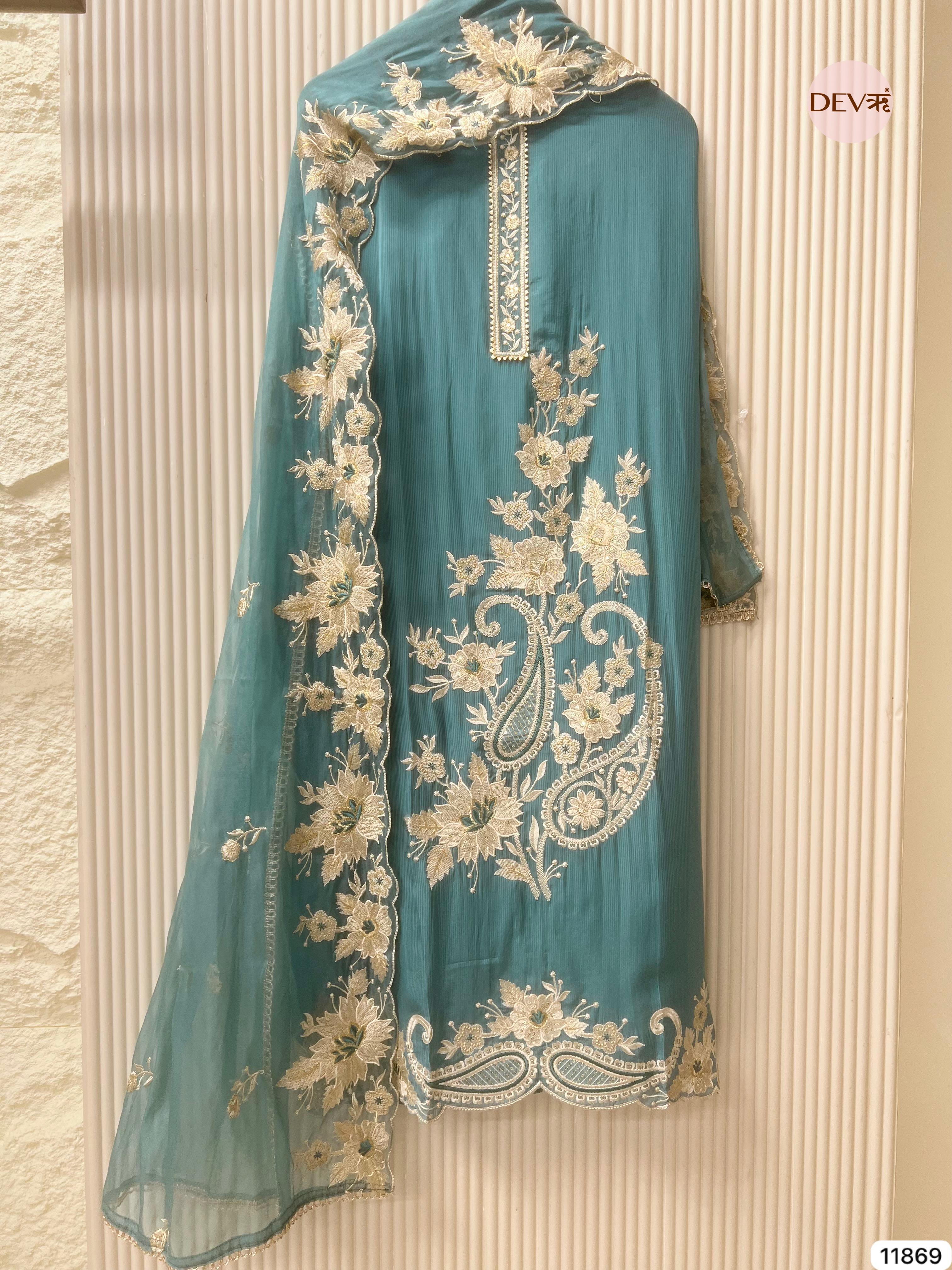 Firozi Blue Tissues Silk Unstitched Embroidered -Set Of 3 - {11869}