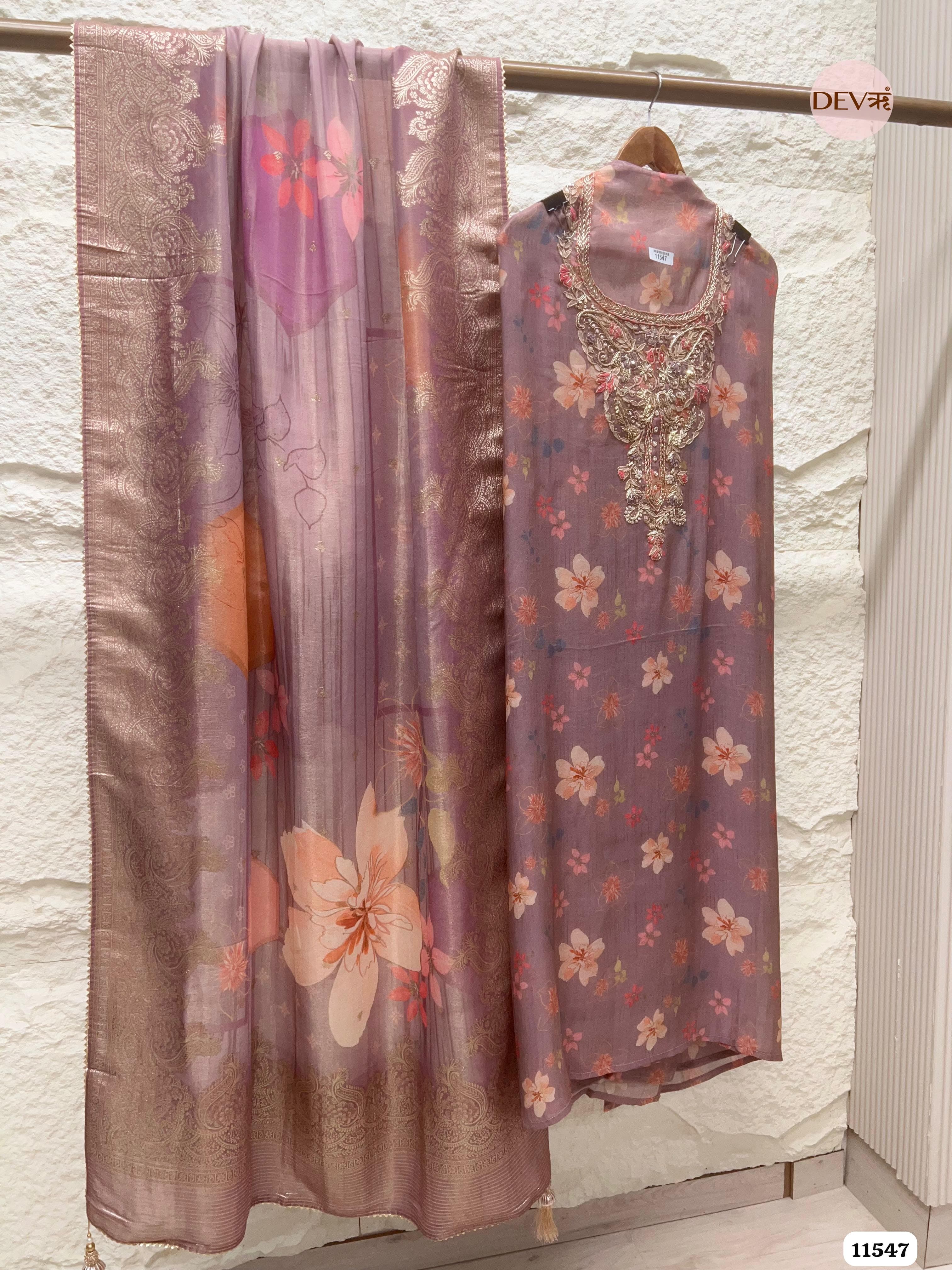 Purple Pure Tissue Silk Printed Unstitched Hand Embroidered -Set Of 3 {11547}