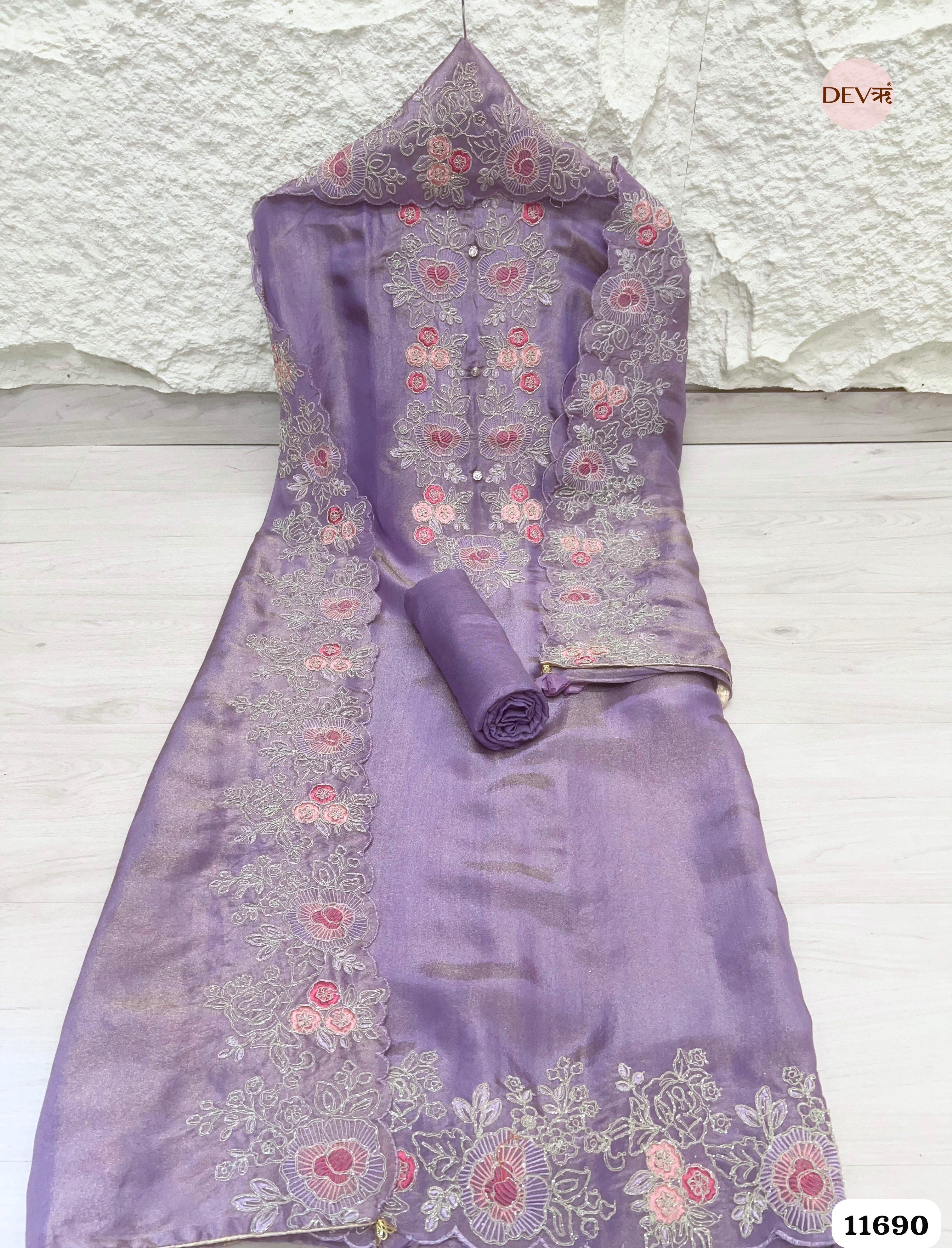 Purple Tissue Silk Unstitched Embroidered -Set Of 3 {11690}