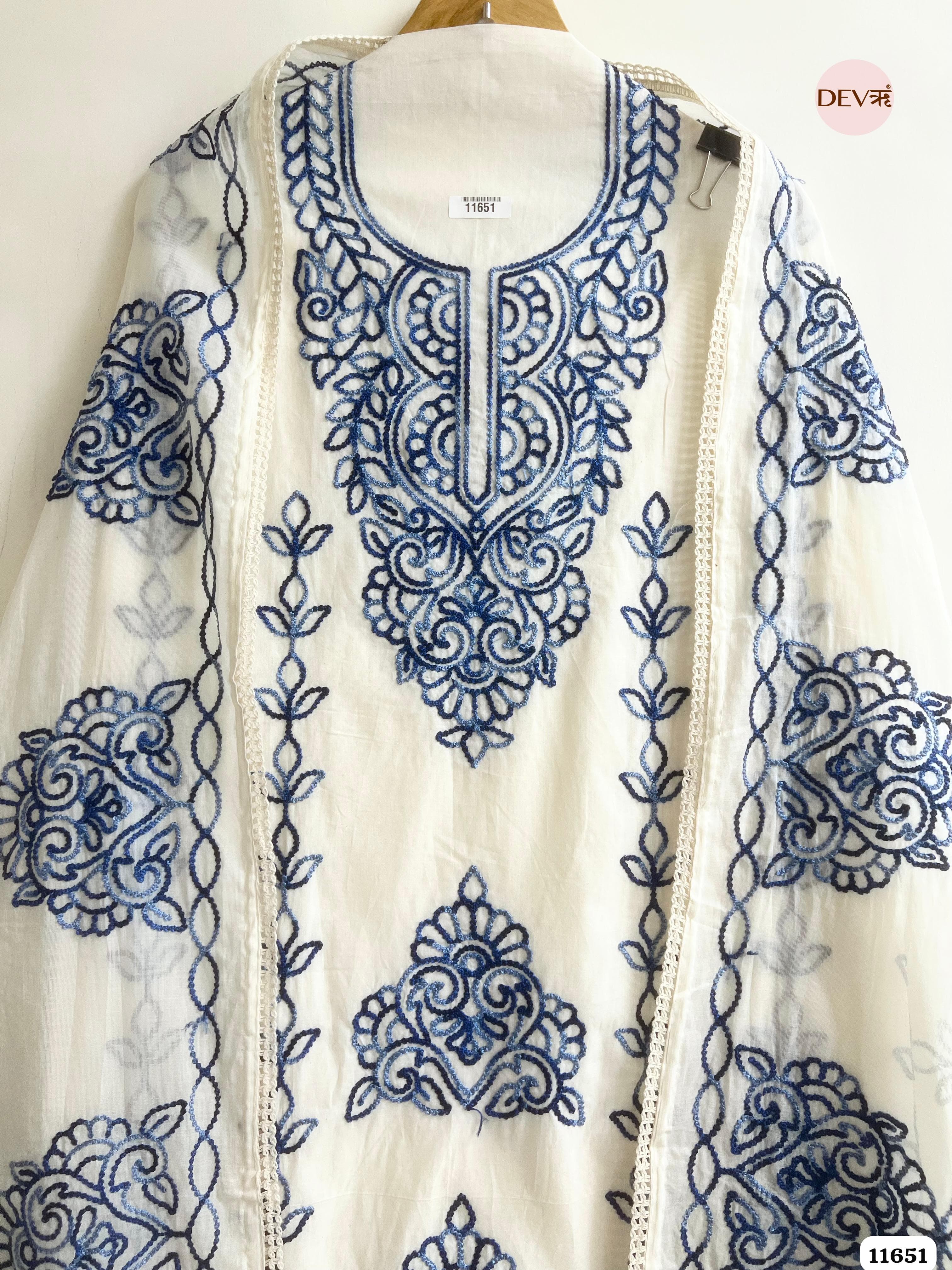 White Kota Cotton Unstitched Embroidered -Set Of 3 {11651}