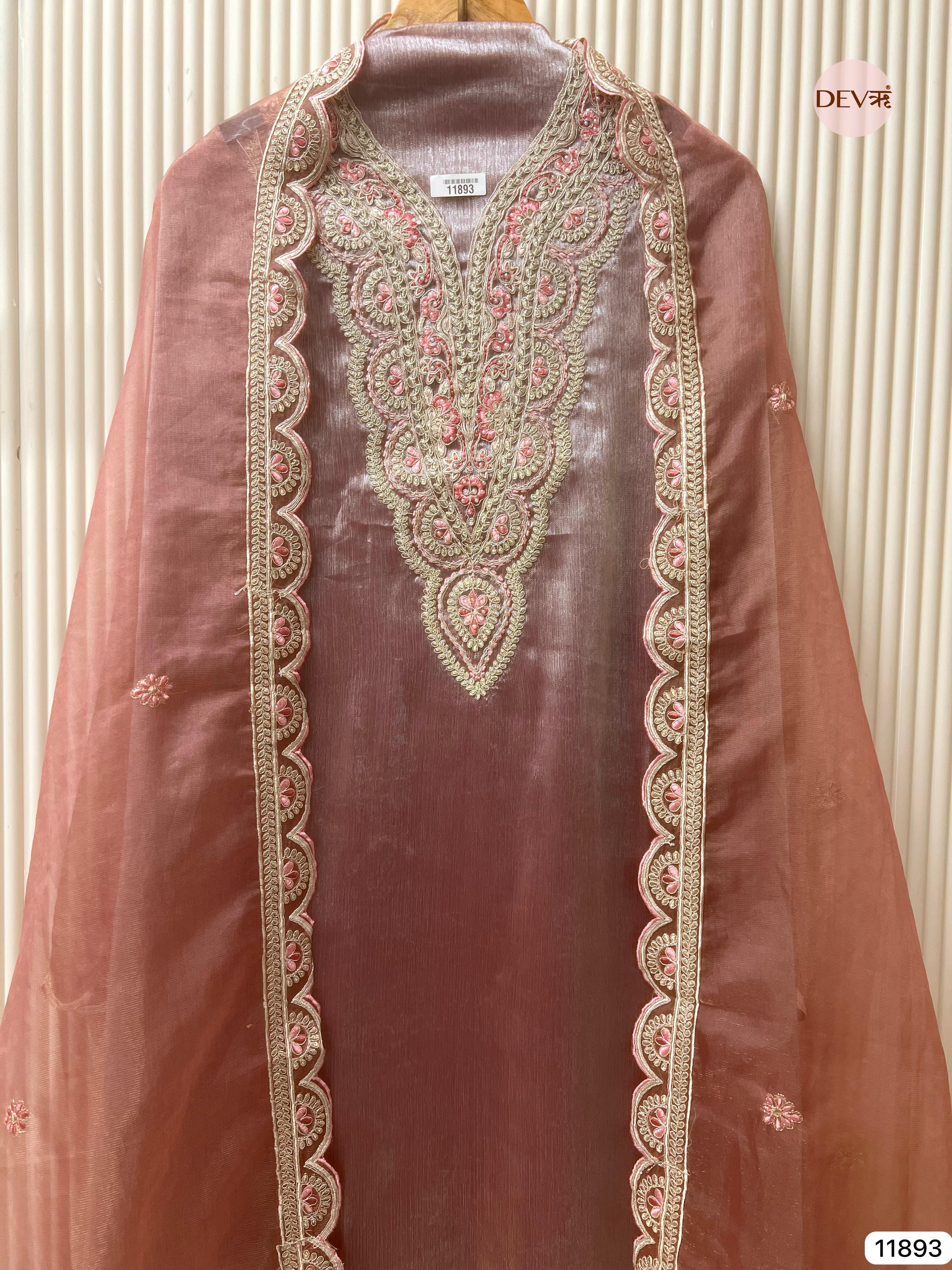 Rust Tissue Shimmer Silk Unstitched Printed Embroidered -Set Of 3- {11893}