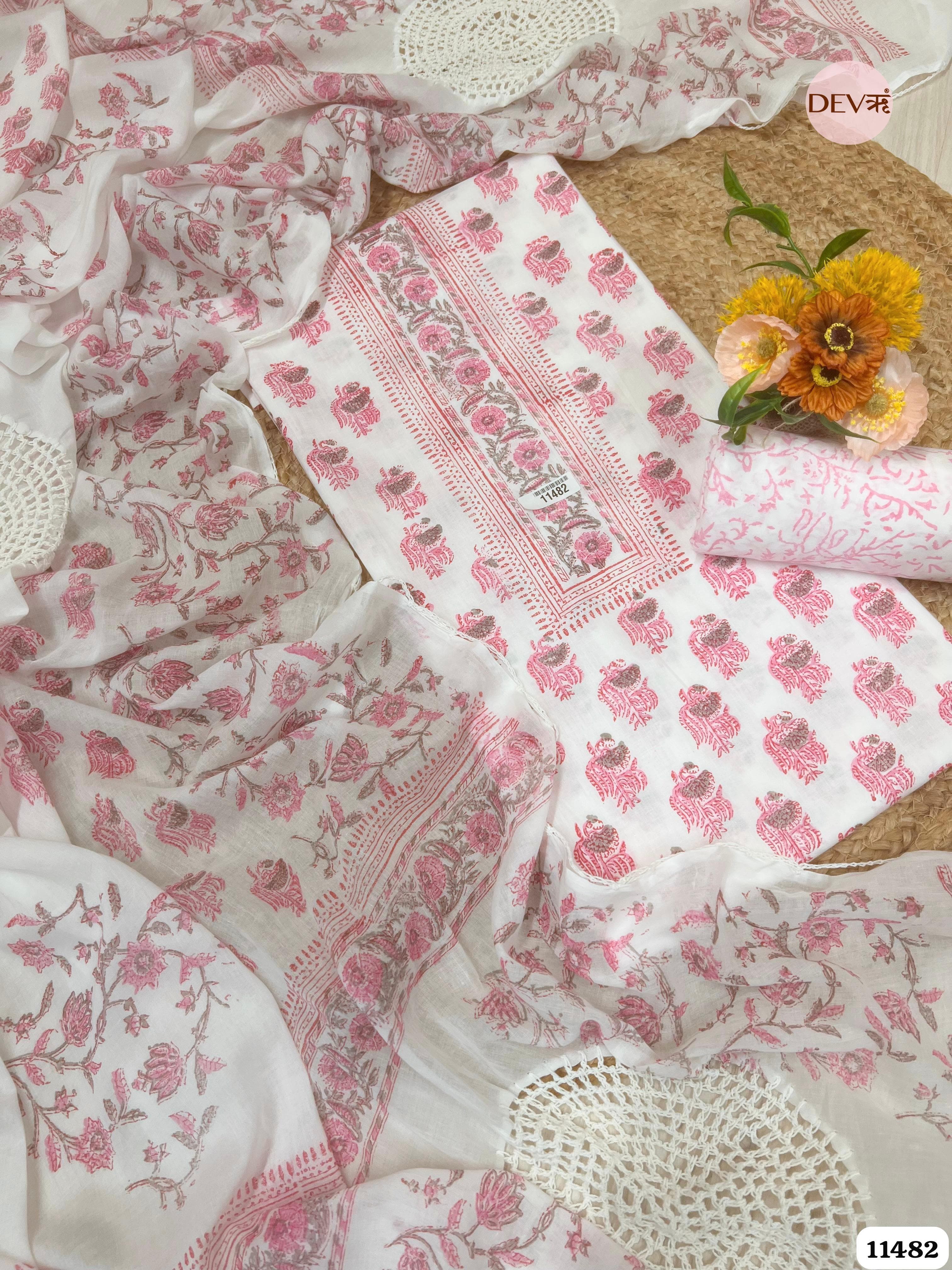 White & Pink Pure Cotton Printed Unstitched Embroidered -Set Of 3 {11482}