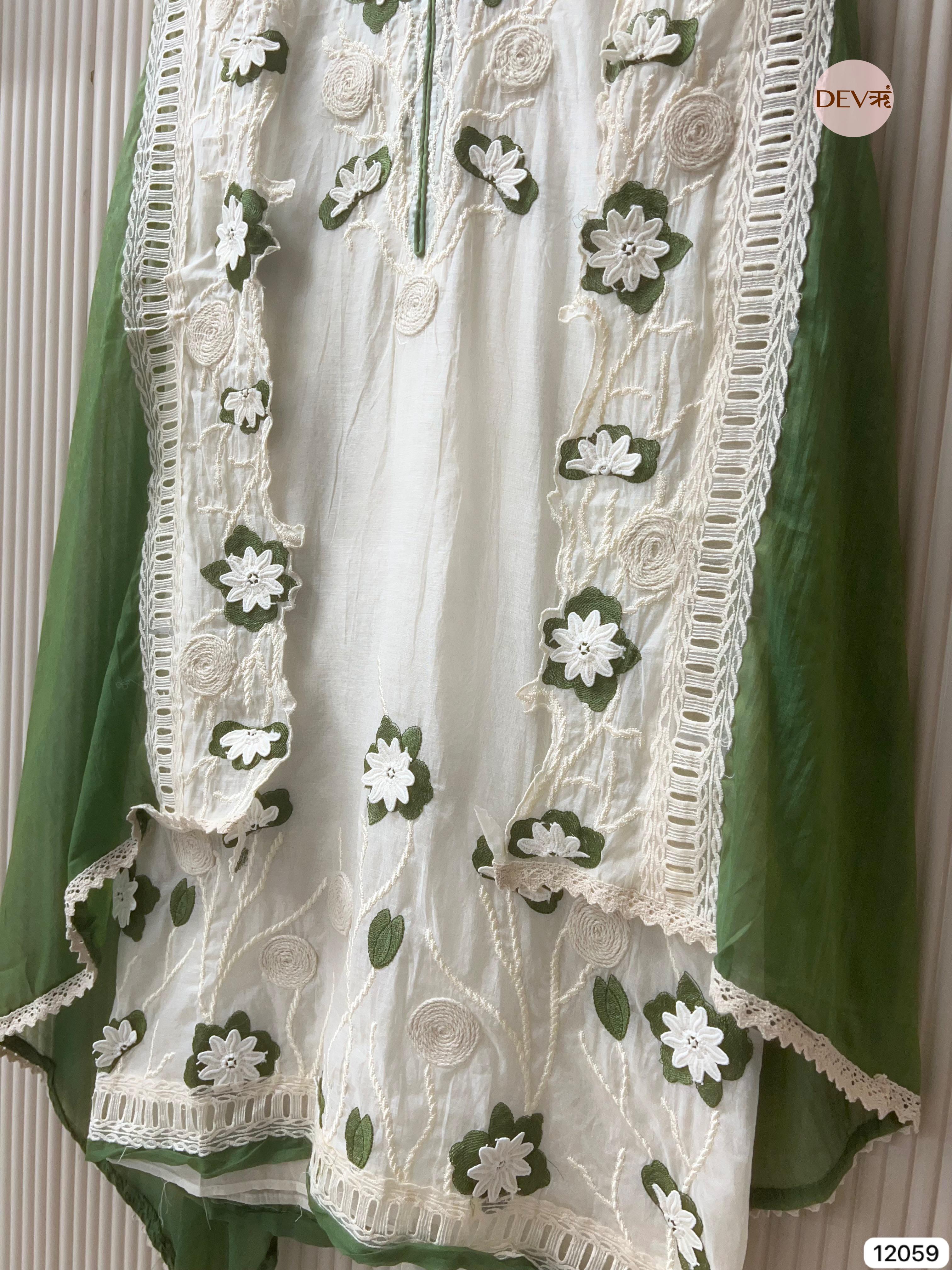 White Mul Chanderi Unstitched With Hand Embroidered -Set Of 3 - {12059}