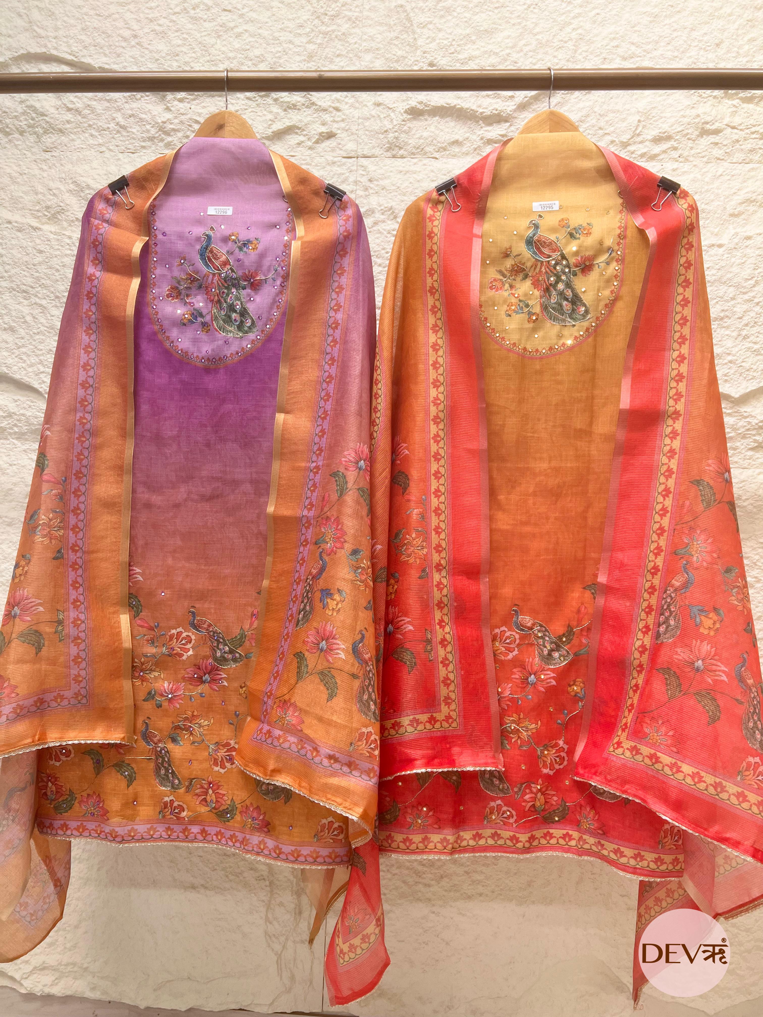 Mustard Red Linen Printed Unstitched 3-Piece Suit (Devri – D.No 12295)