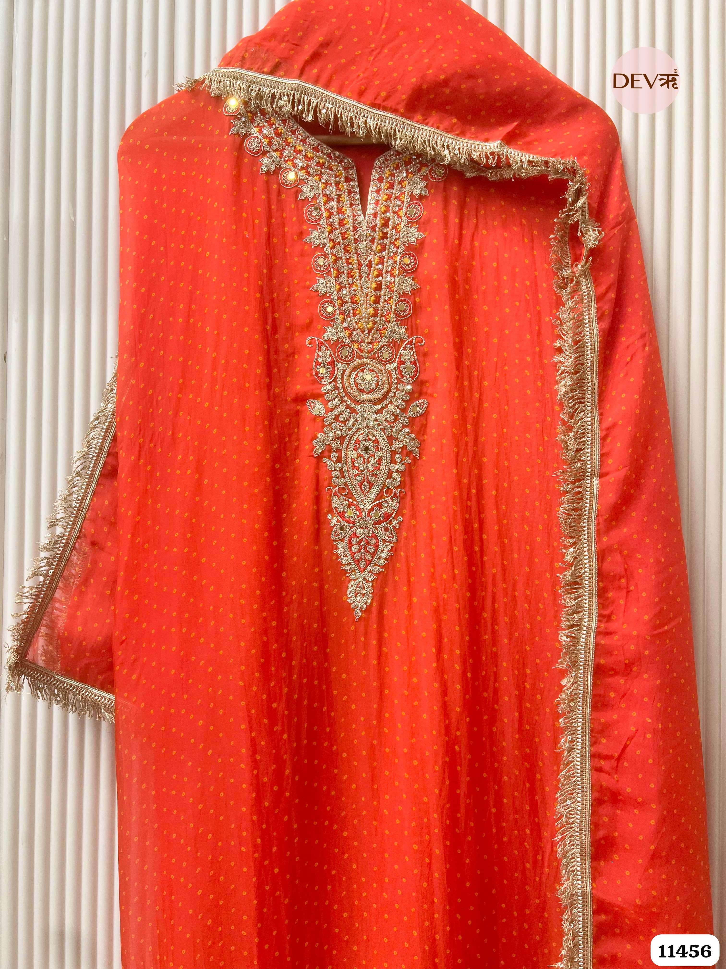 Bright Reddish-Orange Pure Organza Printed Hand Embroidered -Set Of 3 {11456}