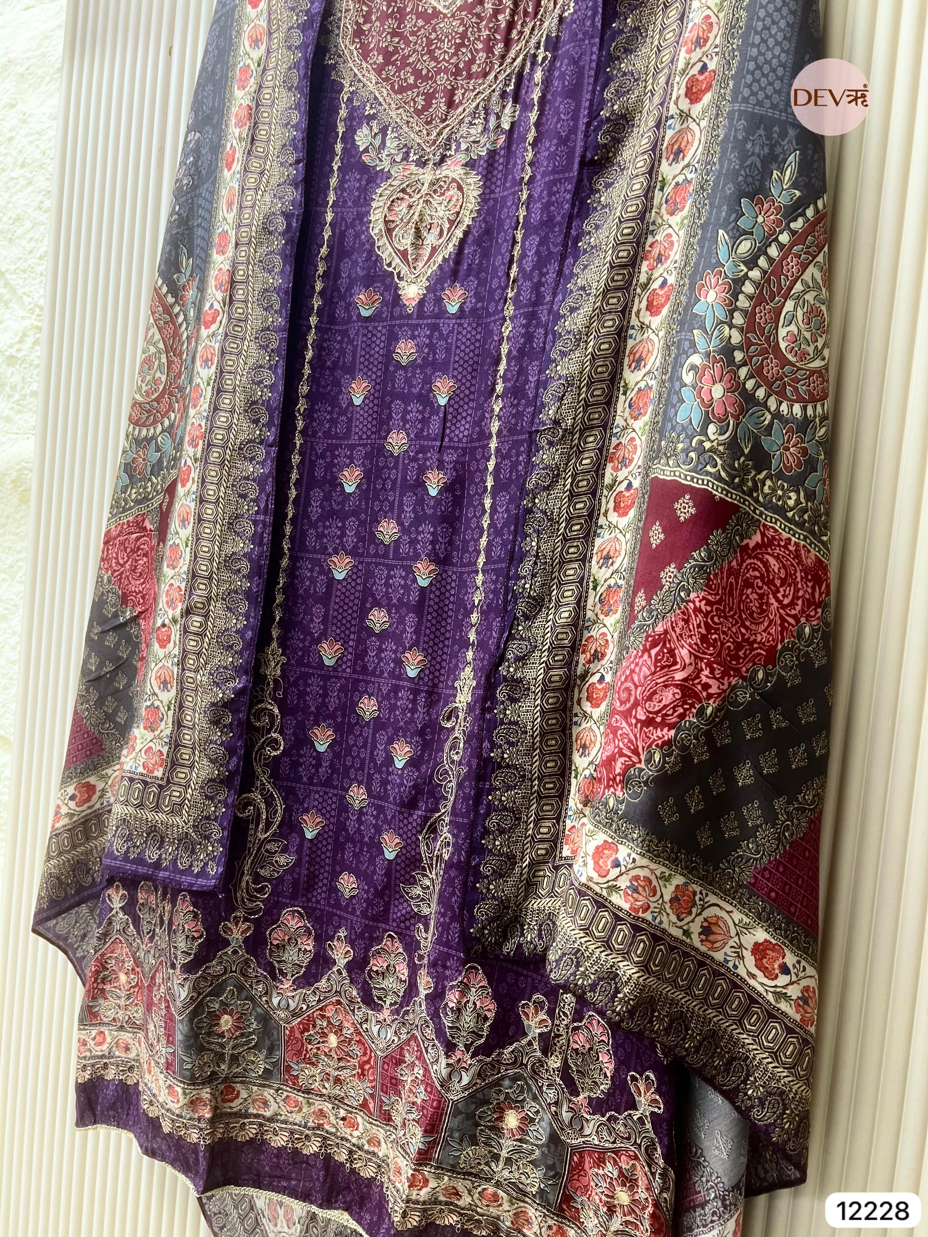 Purple Pure Muslin Printed Unstitched 3-Piece Suit (Devri – D.No 12228)