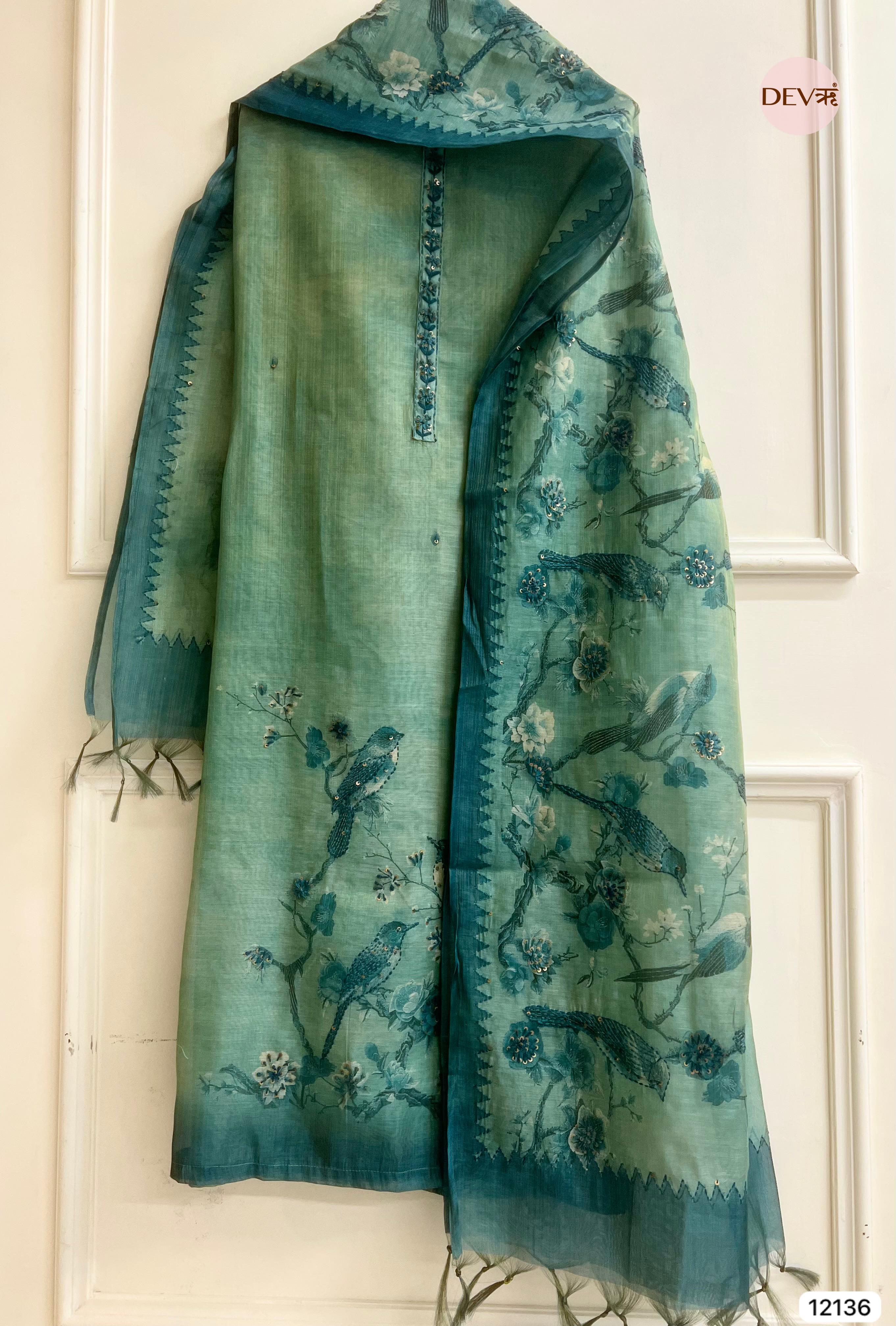 Green Pure  Soft jamdani linen Woven Unstitched -Set Of 3 - {12136}