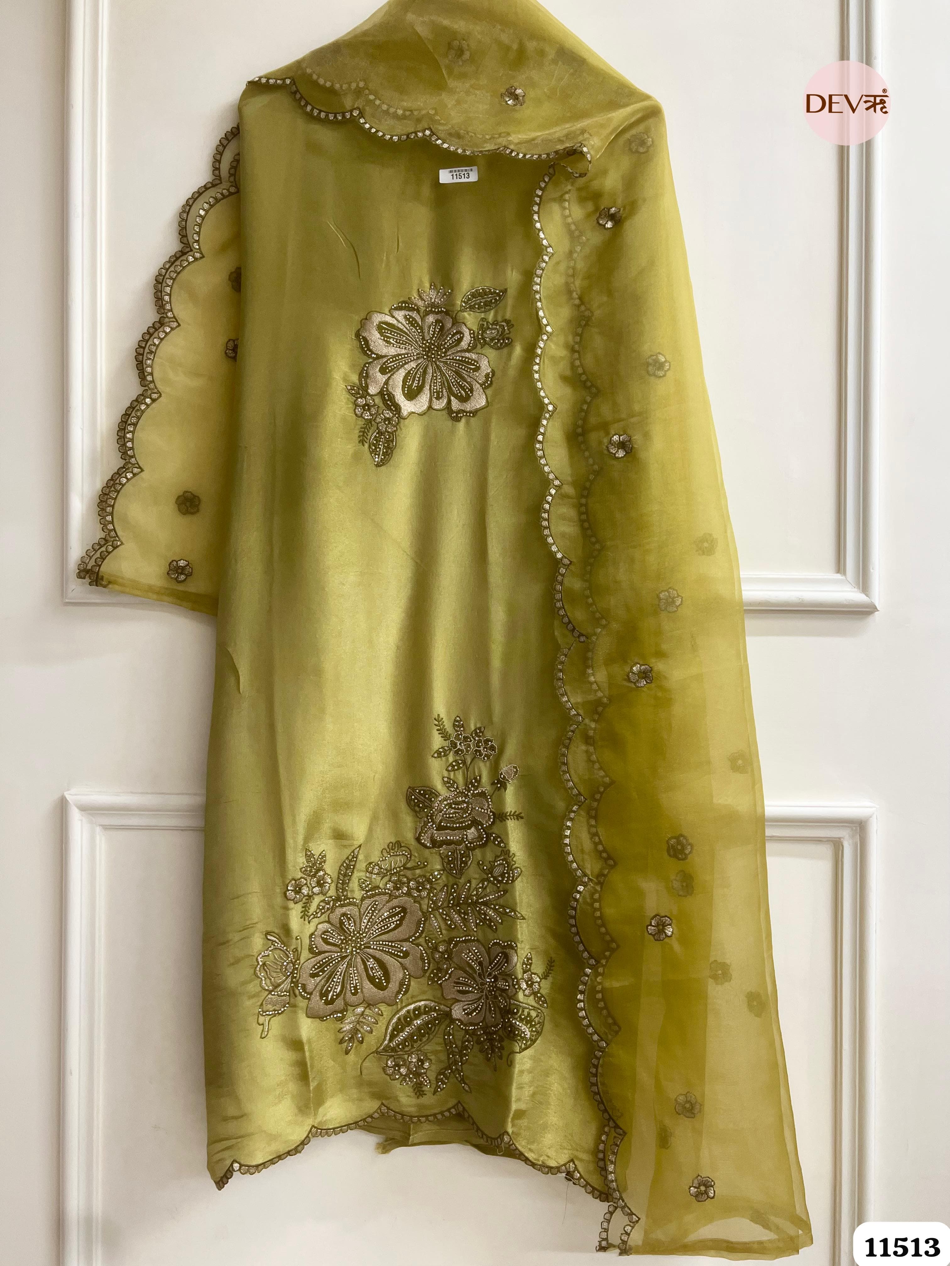Lime green Tissue Silk Unstitched Embroidered -Set Of 3 {11513}