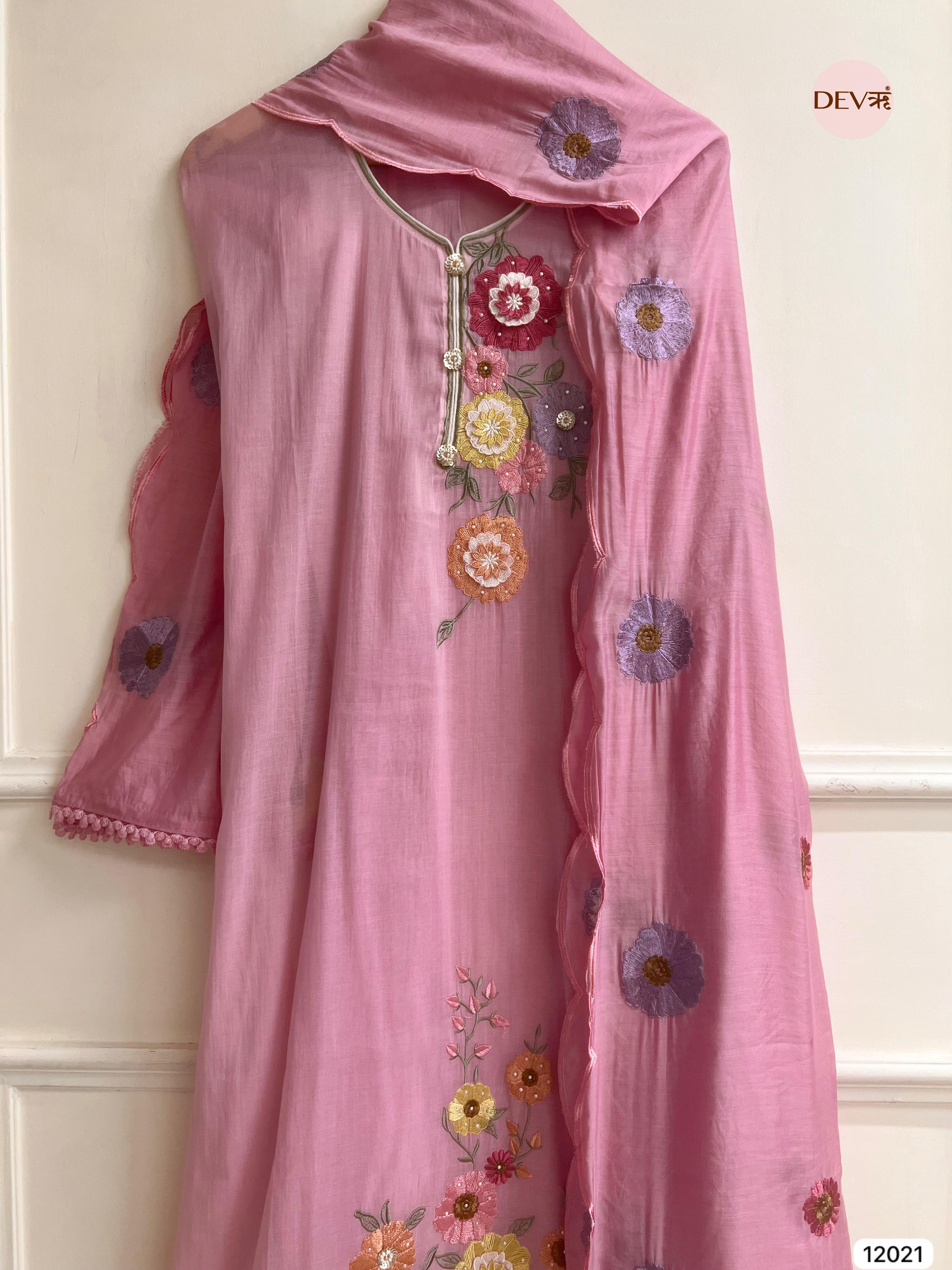 Pink Pure Mul Chanderi Unstitched Embroidered -Set Of 3 - {12021}