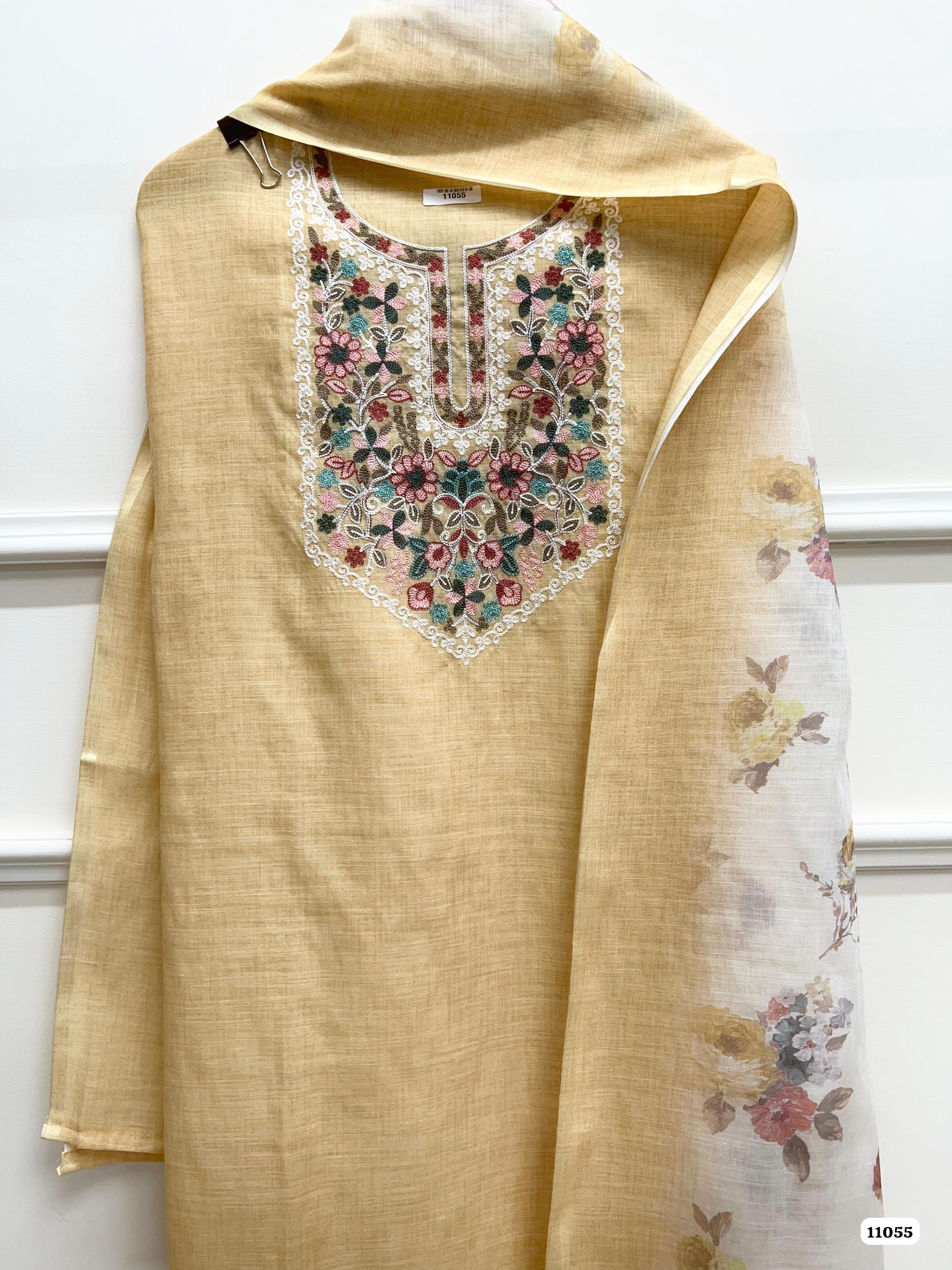 Cream Khadi Cotton Unstitched Embroidered -Set Of 3 {11055}