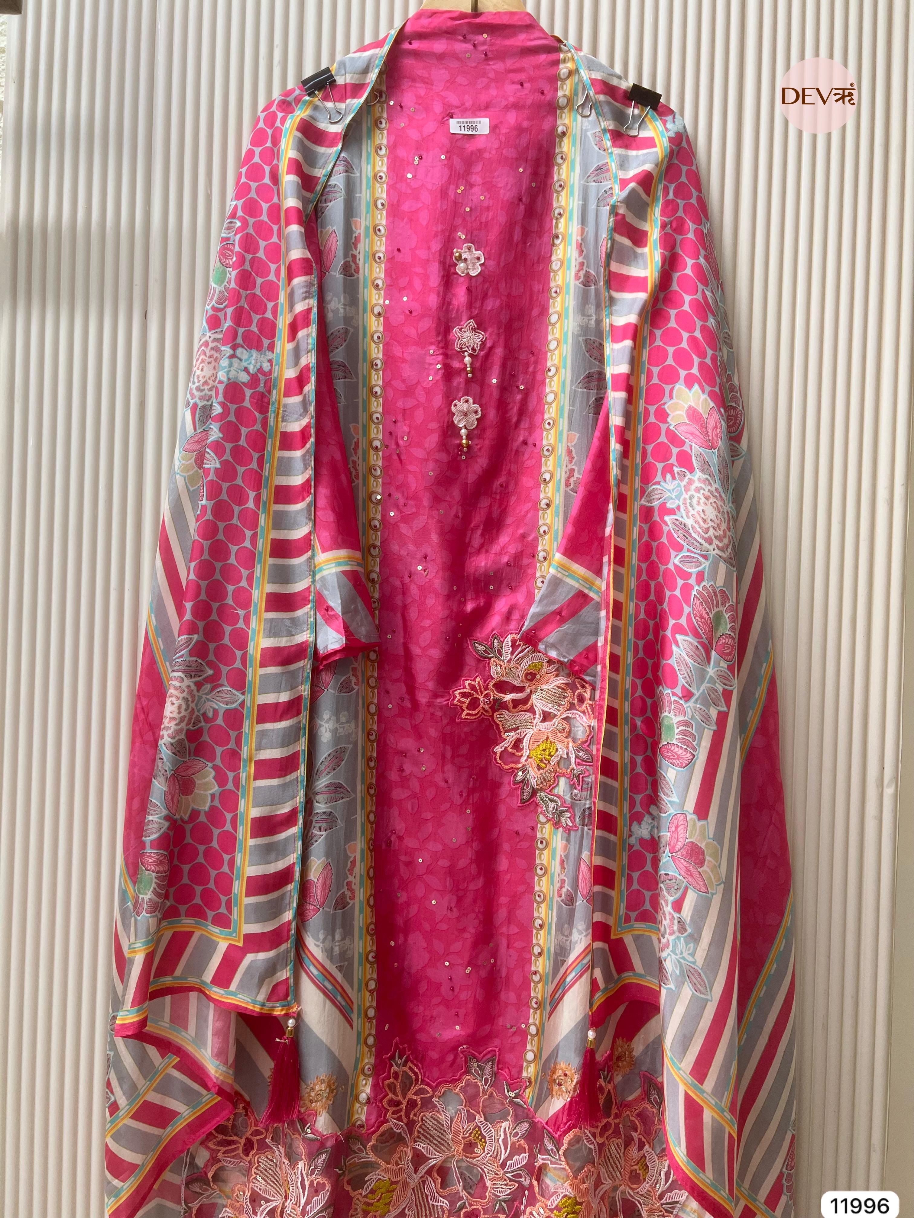 {11996}Pink Pure Organza Silk Semi stitched Printed Embroidered -Set Of 3