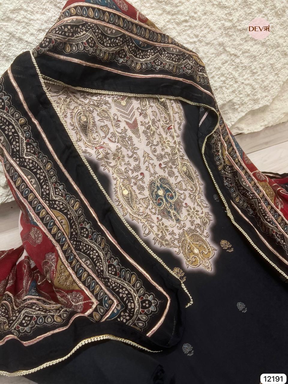 Black Muslin Embroidered Unstitched 3-Piece Suit (Devri – D.No 12191)