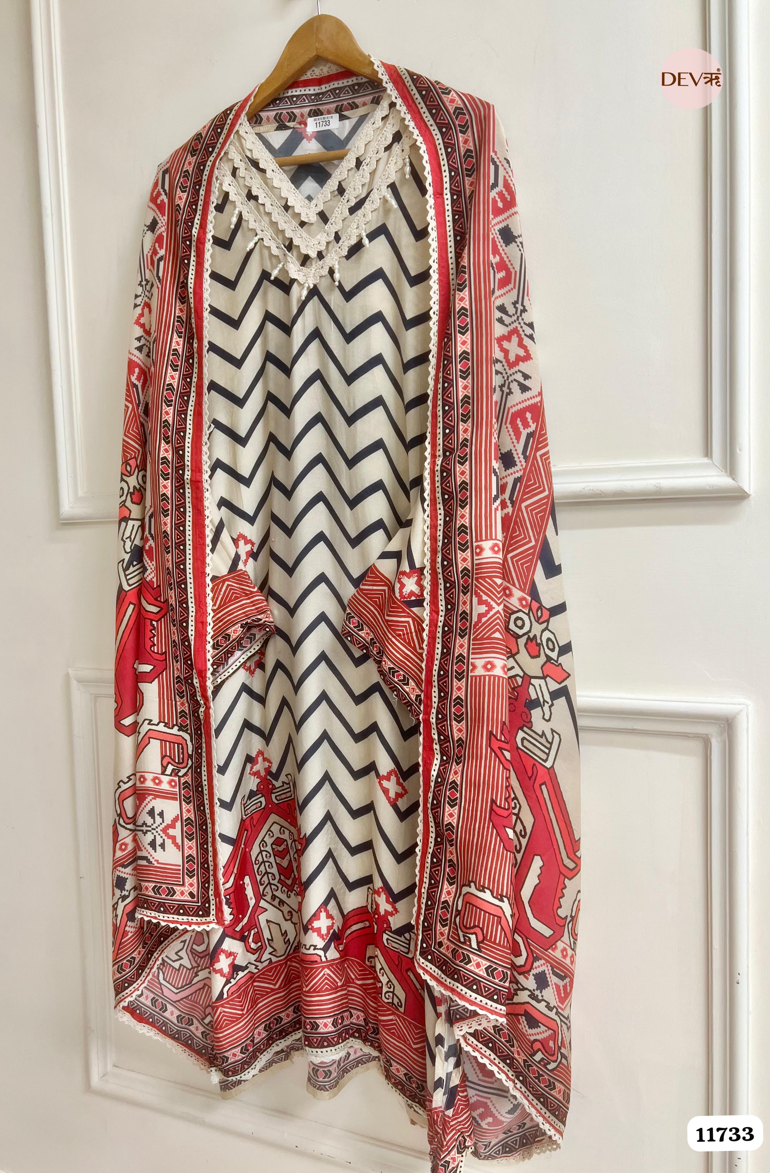 Multi Colour Muslin Semi Stitched Printed With Crocia Laces Work -Set Of 3 {11733}