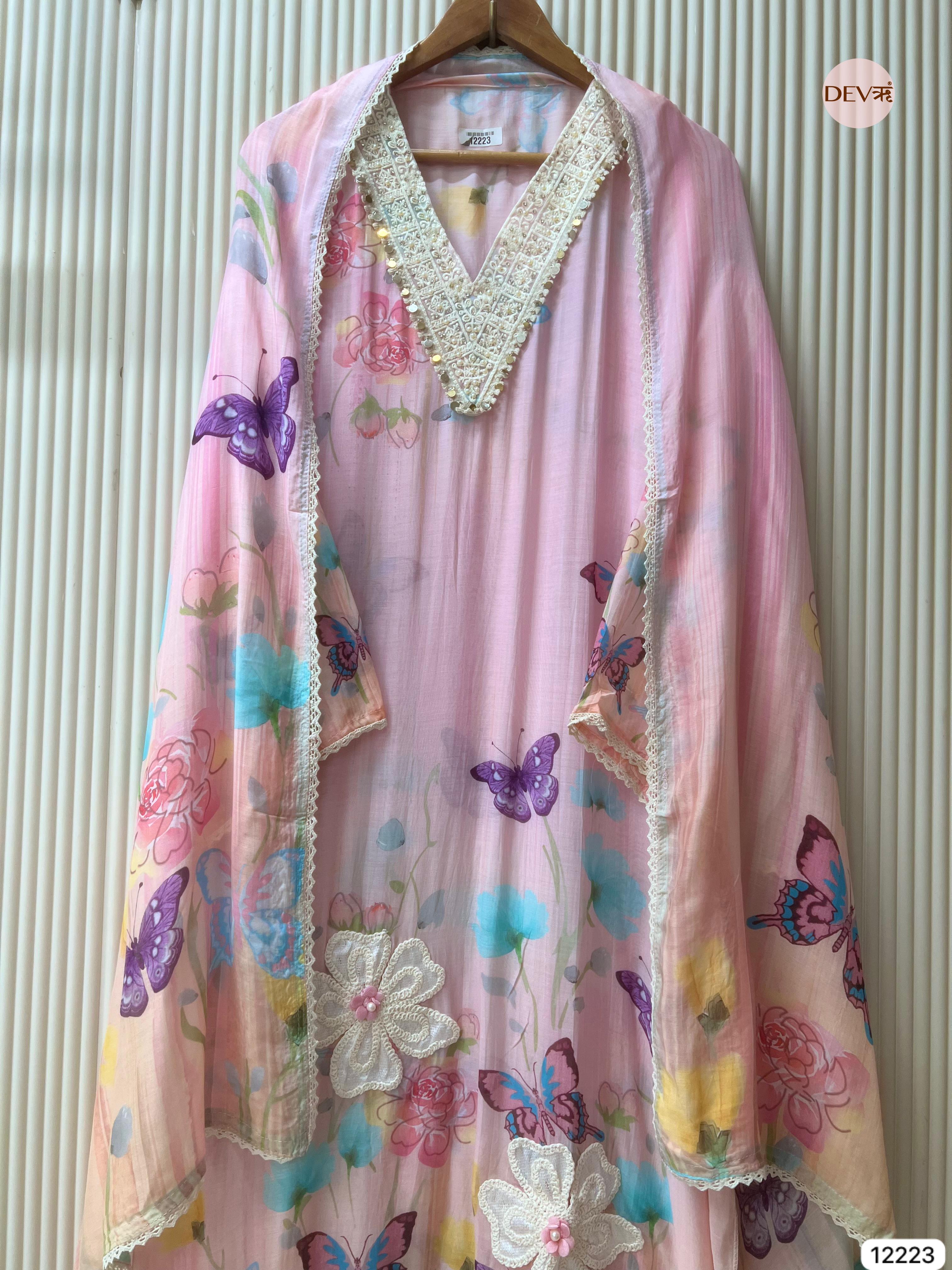 Soft Pink Mul Chanderi Butterfly Printed Unstitched 3-Piece Suit (Devri – D.No 12223)