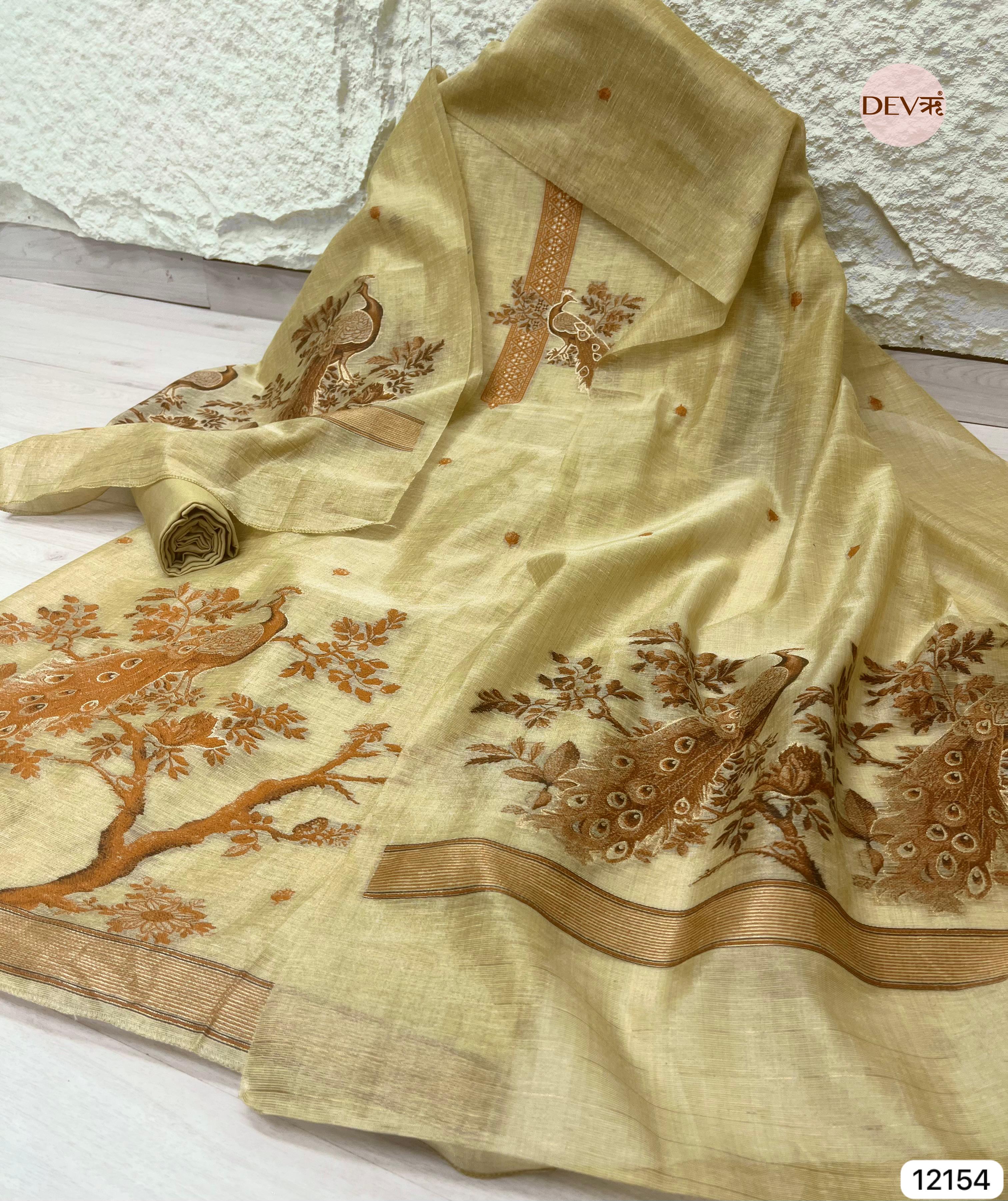 {12154} Yellow Jamdani Linen Unstitched - Set Of 3