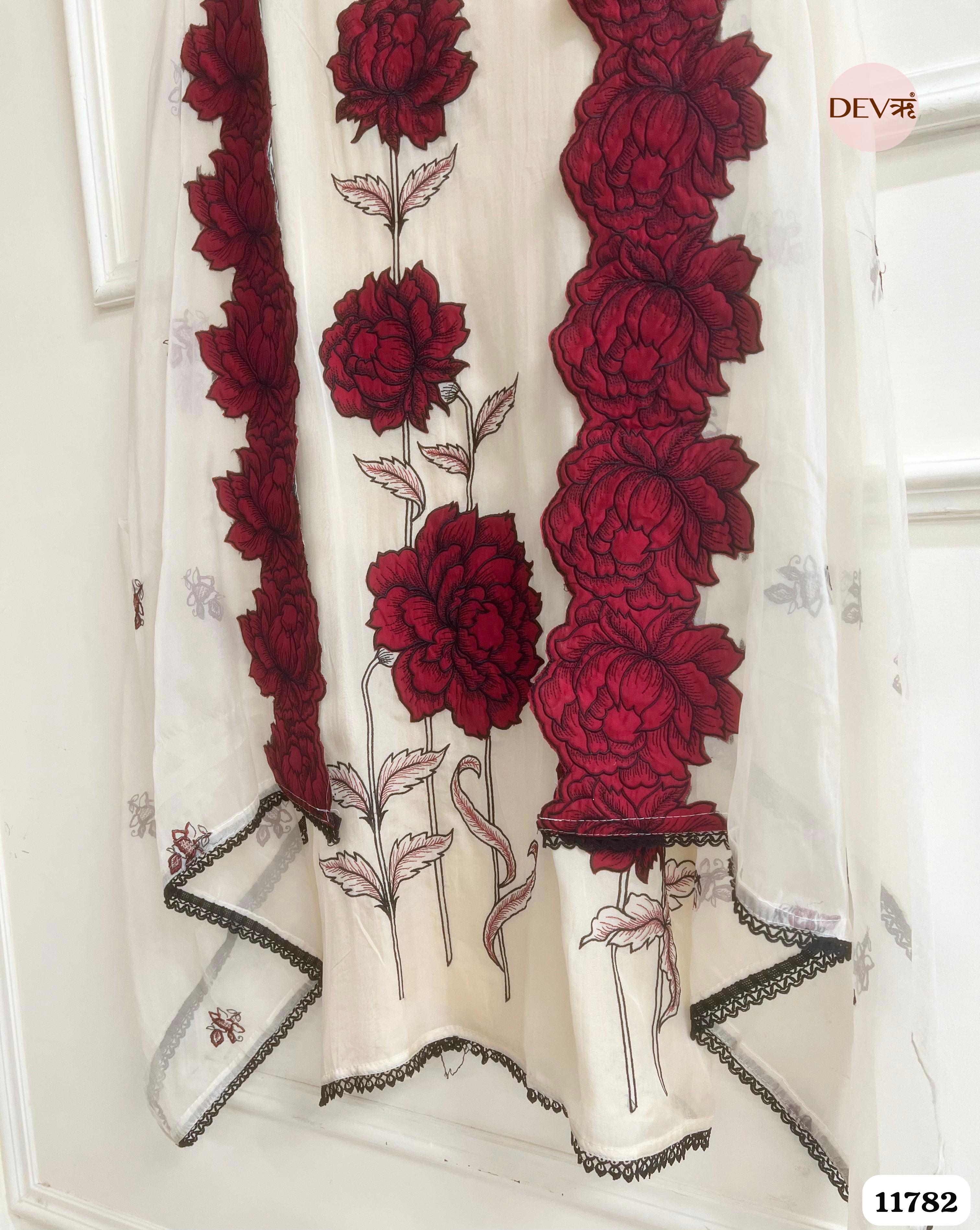 OF White Organza Unstitched Embroidered -Set Of 3 {11782}