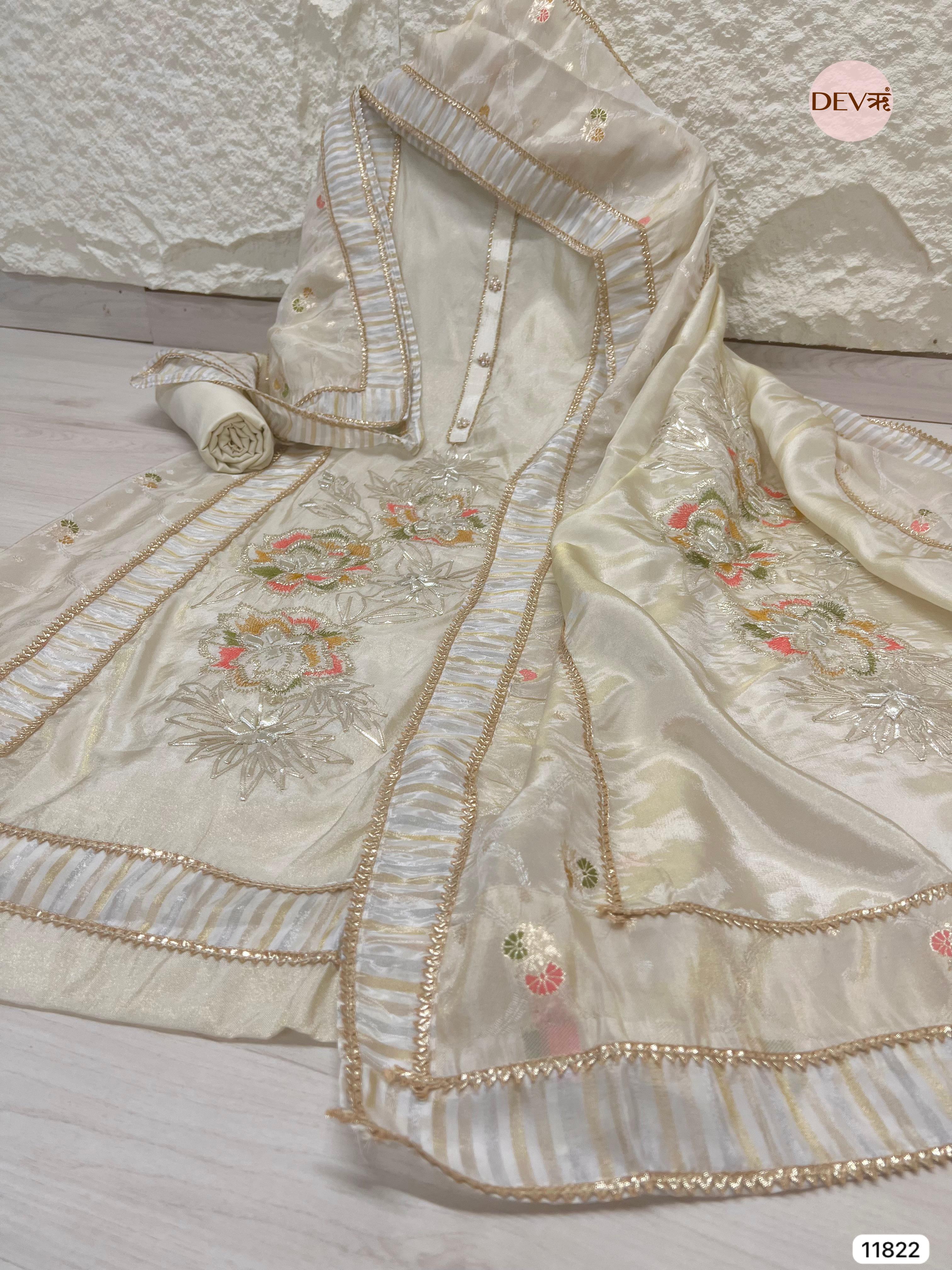 White Tissue Shimmer Silk Unstitched Hand Embroidered -Set Of 3 - {11822}