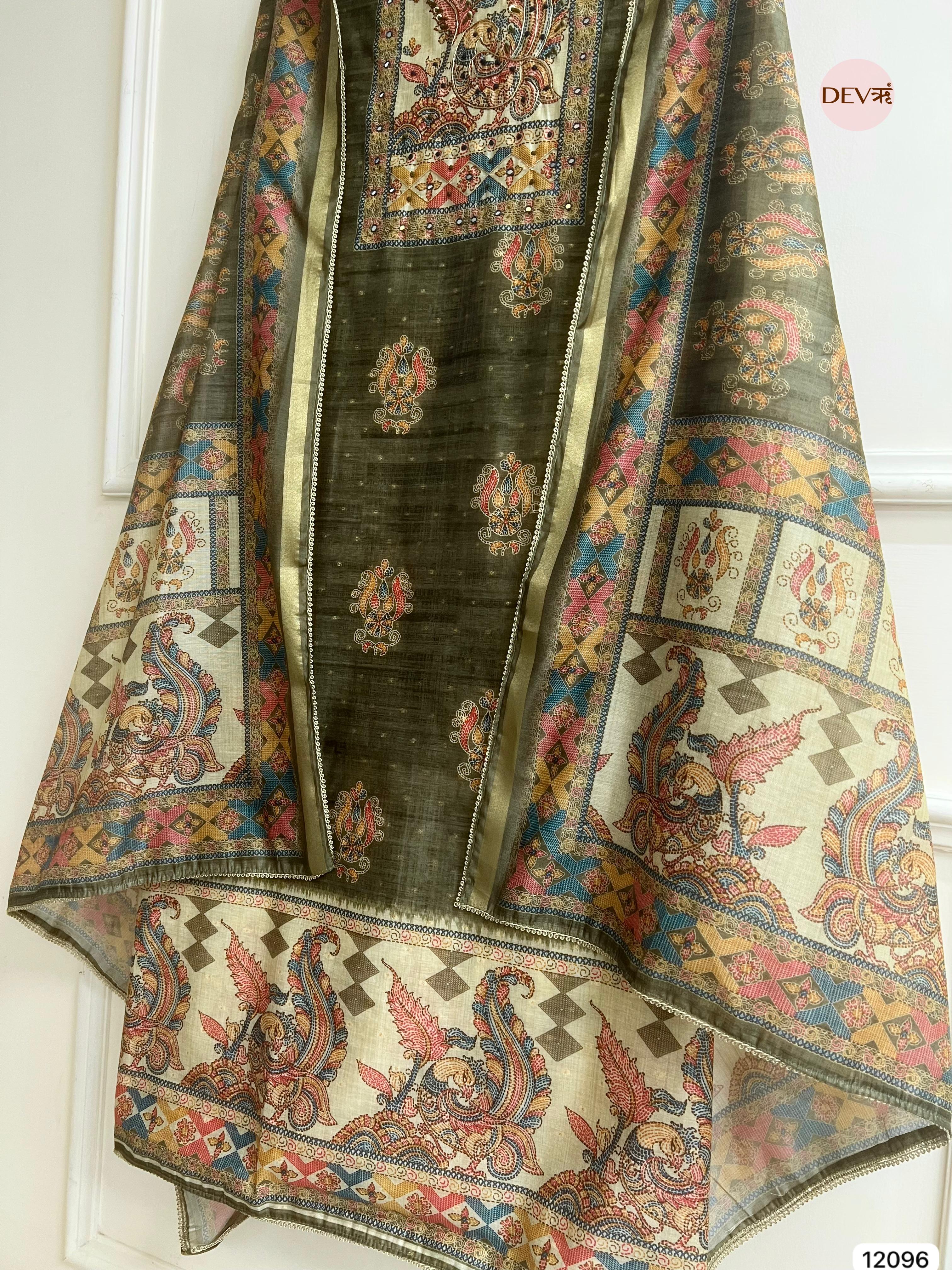 Green Tusser Khadi Silk Printed Unstitched Hand Embroidered -Set Of 3 - {12096}