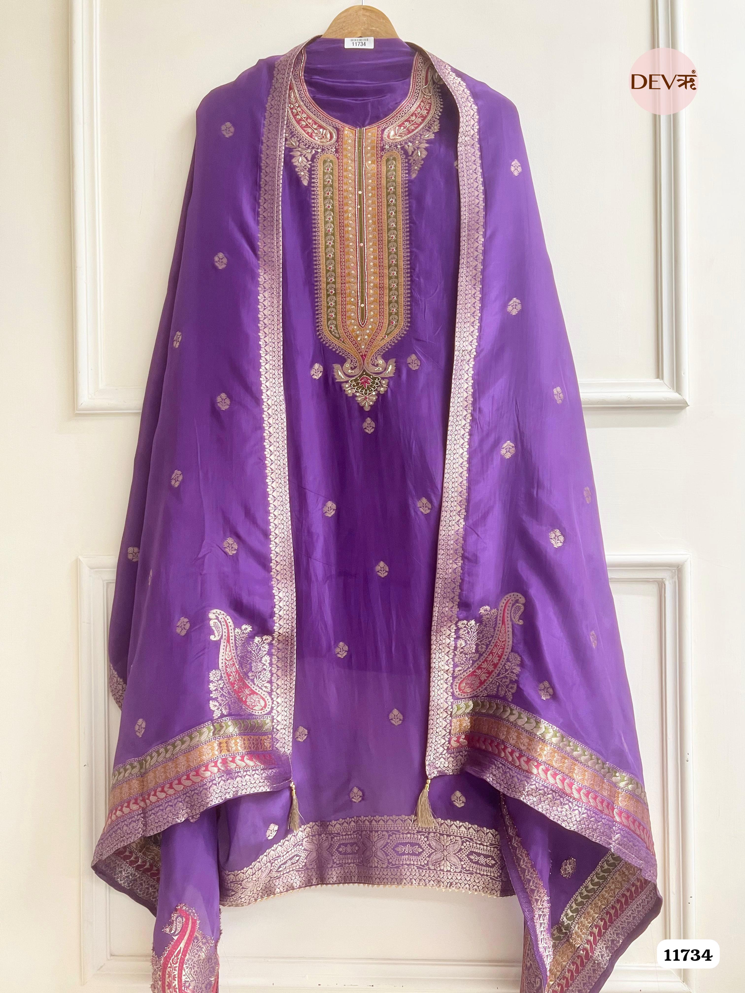 Purple Organza Silk Unstitched Banarasi Weave Hand Embroidered -Set Of 3 {11734}