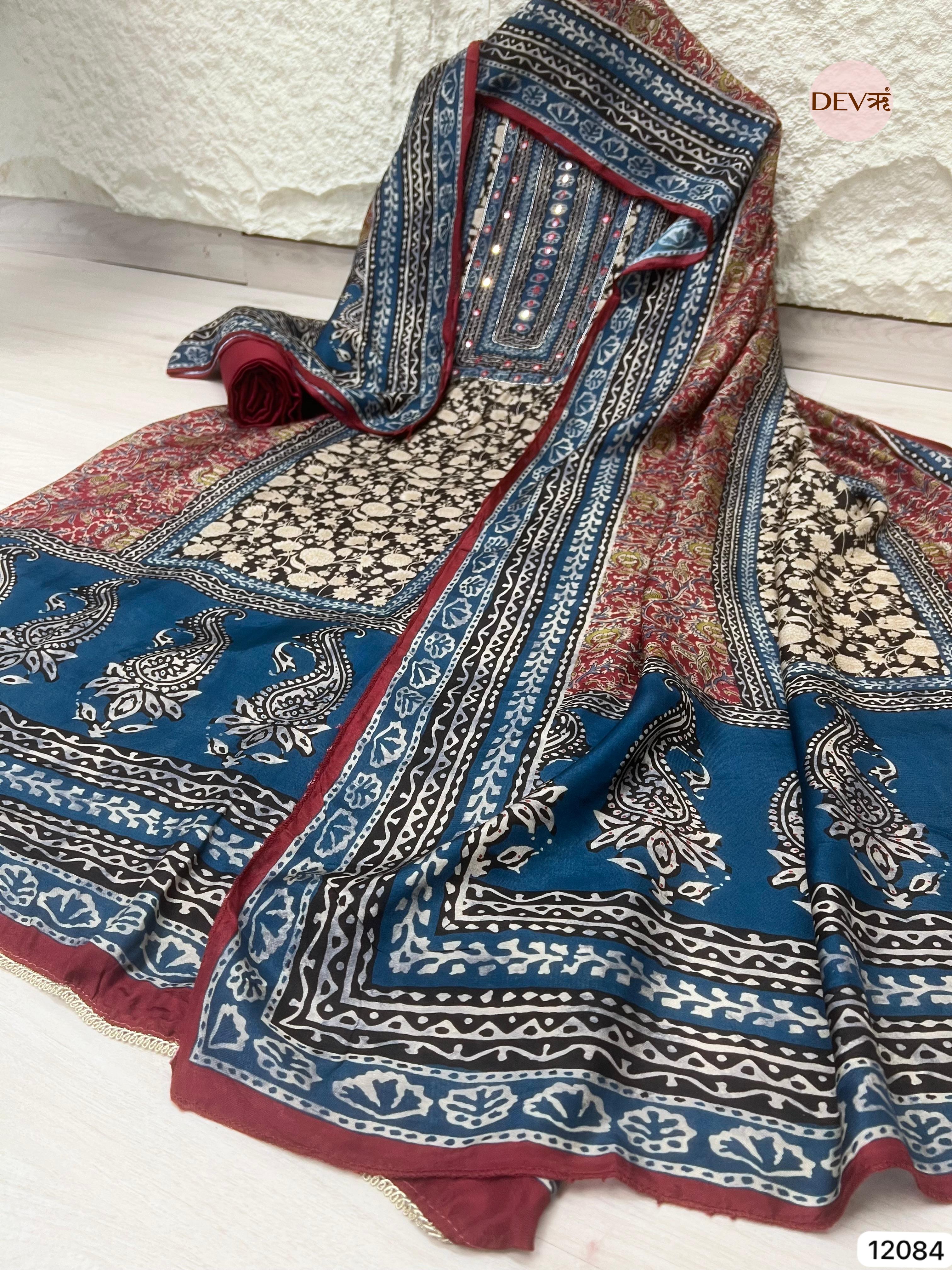 Multi colour Pure Muslin Unstitched Printed Embroidered -Set Of 3 - {12084}