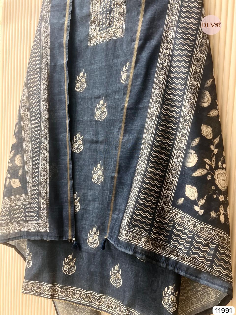 Navy Mul Chanderi Printed Unstitched 3-Piece Suit (Devri – D.No 11991)