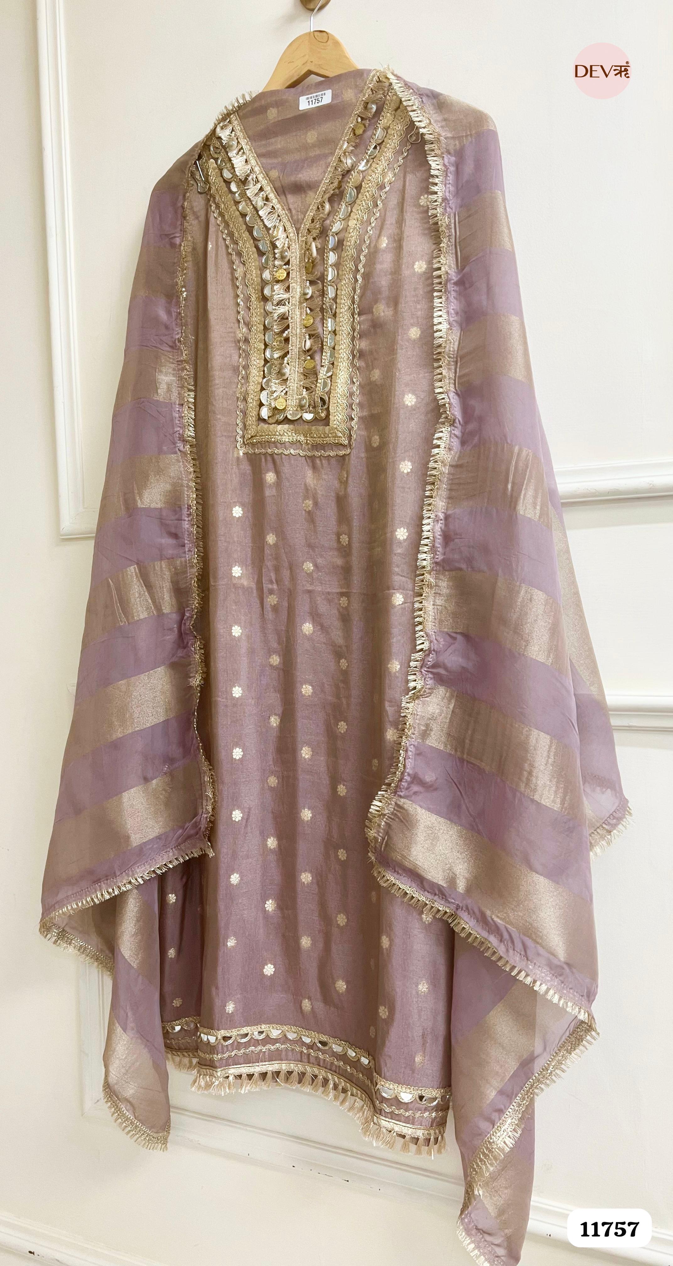 Purple Tissue Silk Unstitched Hand Embroidered -Set Of 3 {11757}