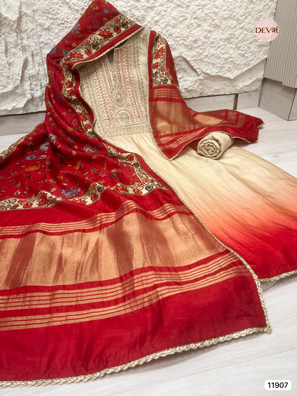 Beige Russian Silk Unstitched Embroidered -Set Of 3 - {11907}