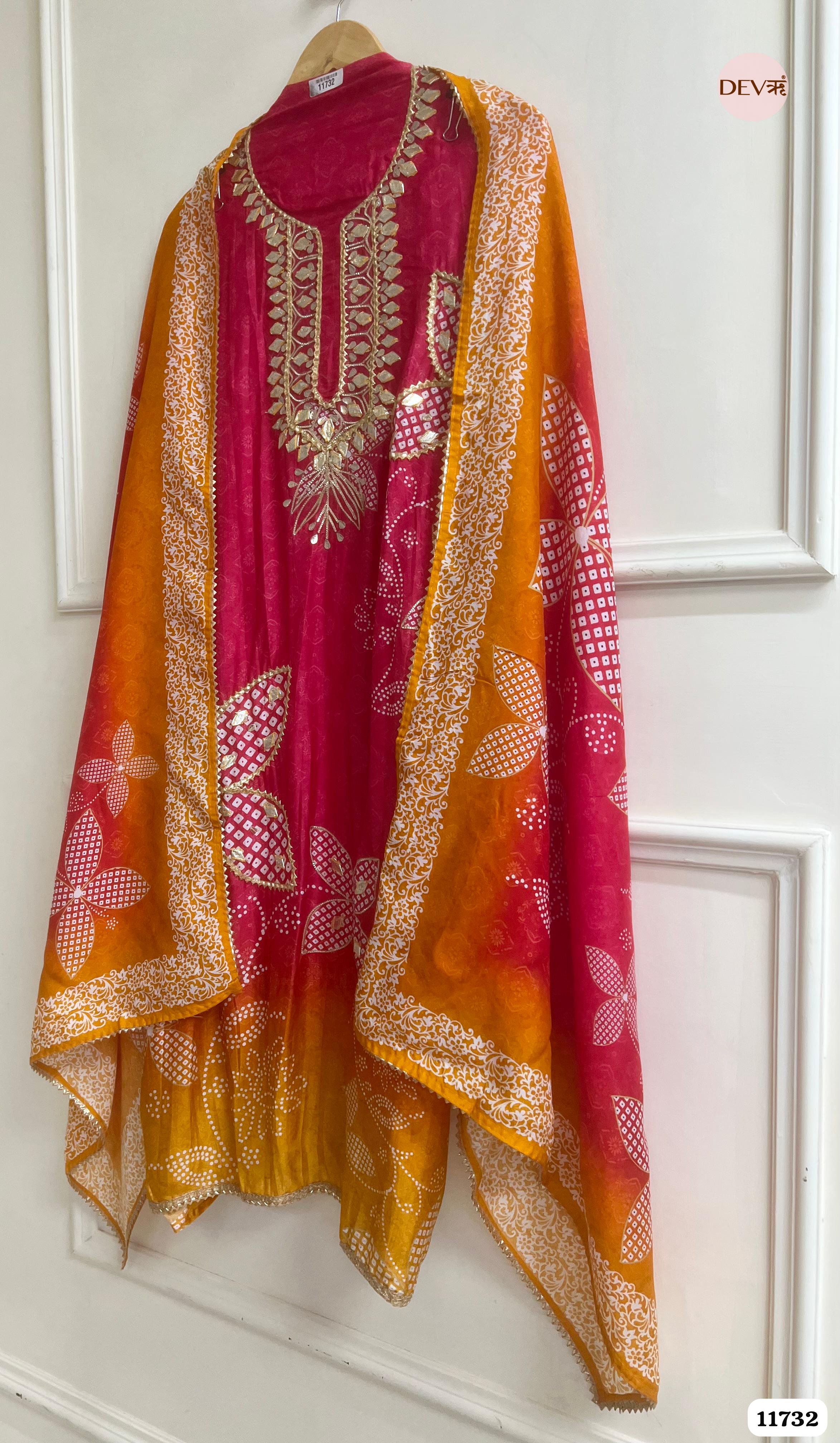 Rani Pink Russian Silk Semi Stitched Printed Hand Embroidered -Set Of 3- {11732}