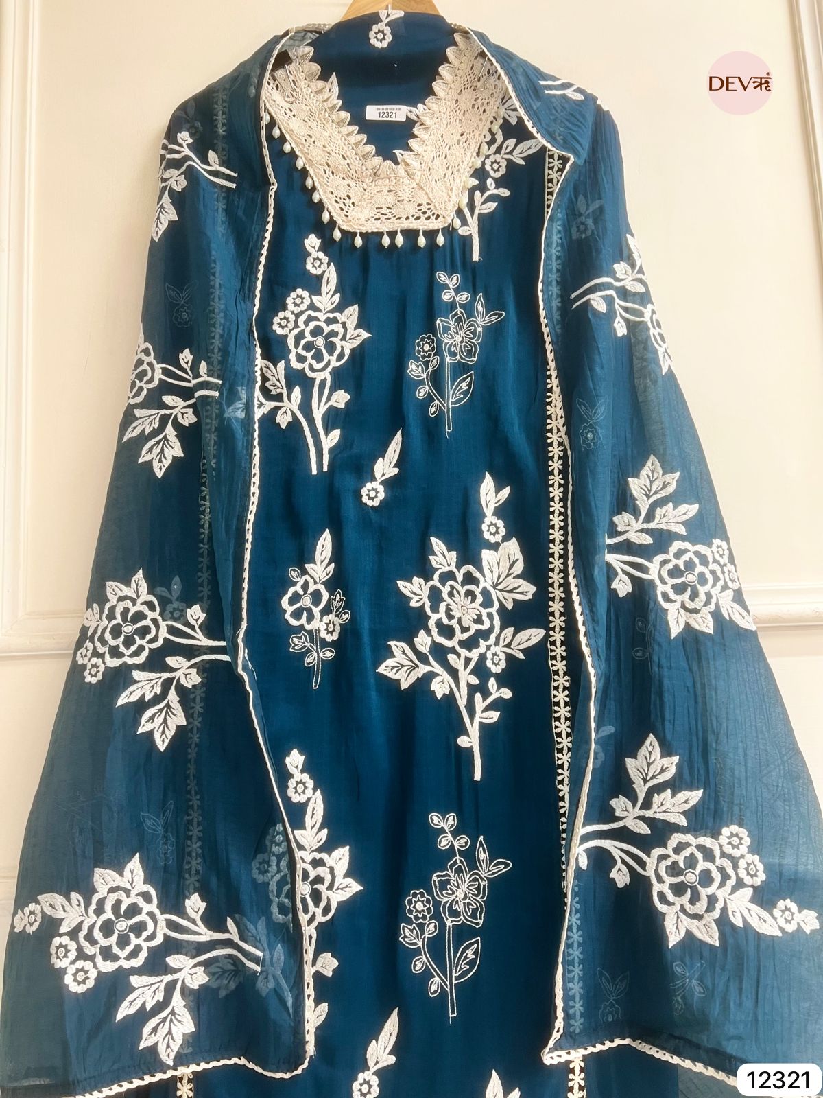 Peacock Blue Mul Chanderi Embroidered Unstitched 3-Piece Suit (Devri – D.No-12321)