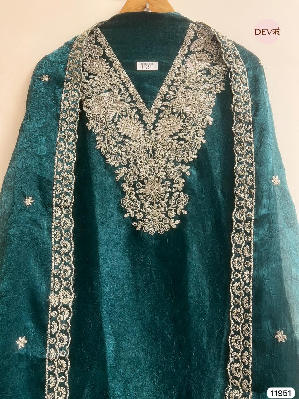 Teal Crush Tissue Embroidered Unstitched 3-Piece Suit (Devri – D.No 11951)