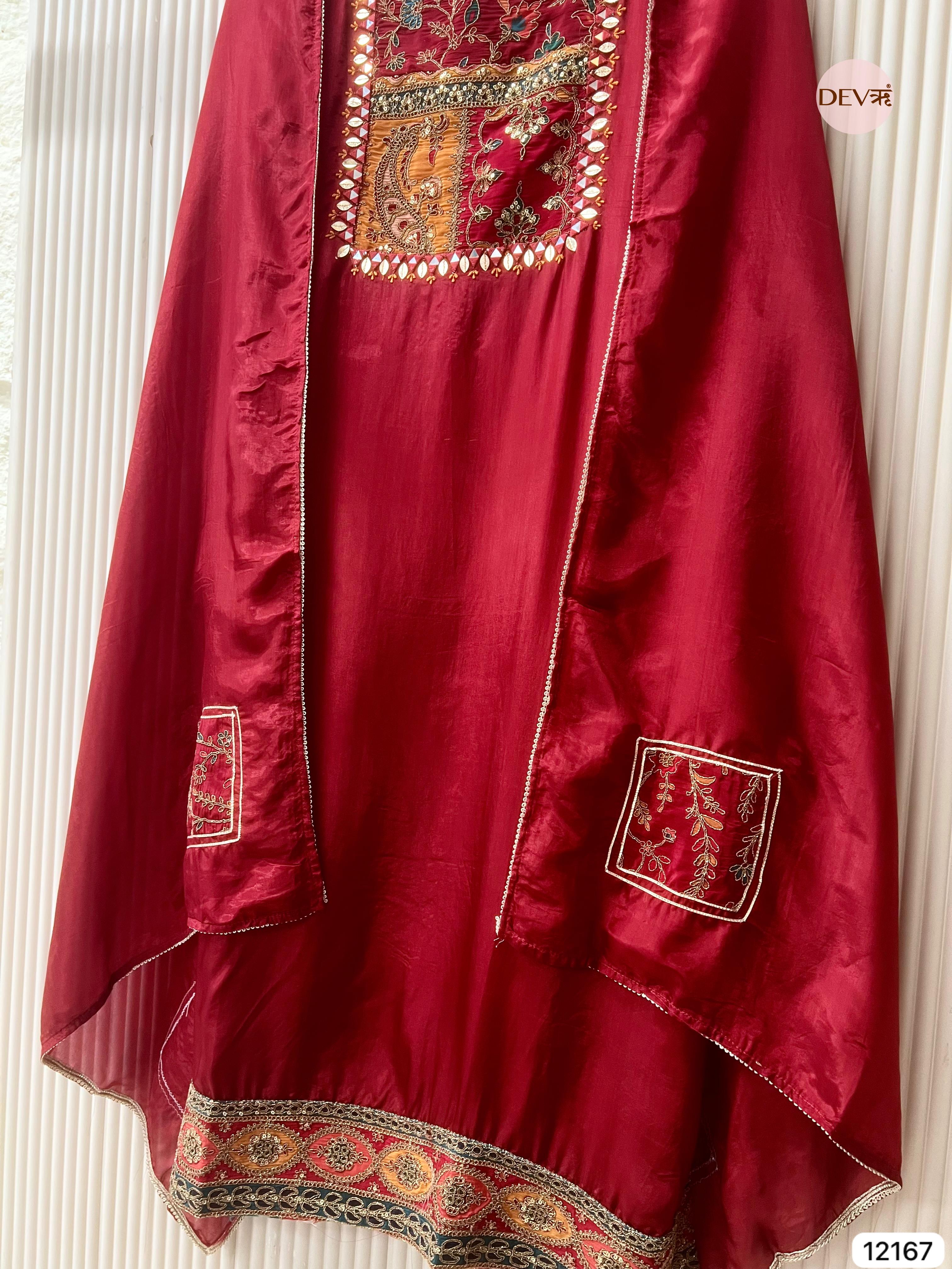 Red Organza Silk Unstitched Shirt with Hand Embroidered -Set Of 3 - {12167}