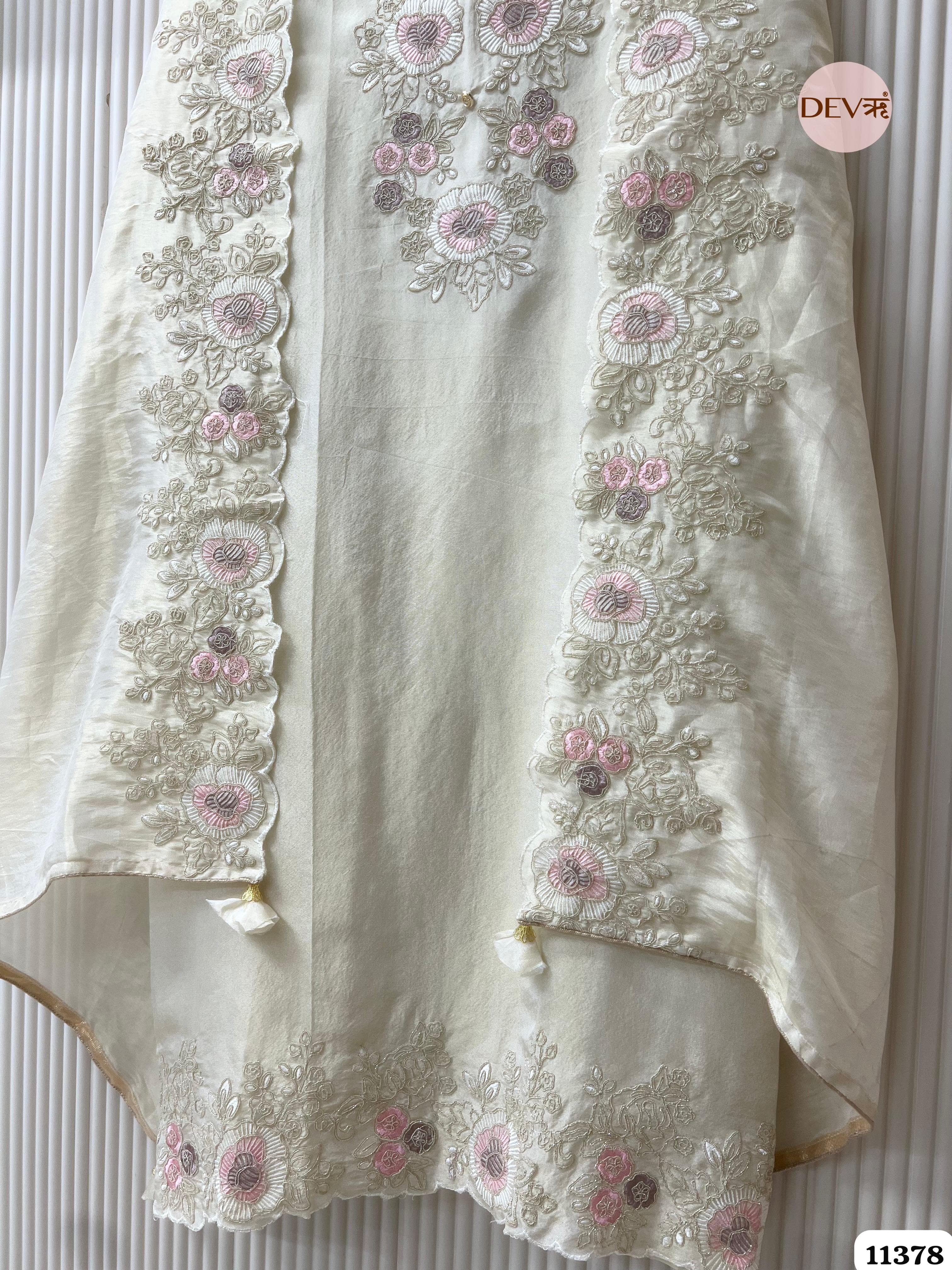 White Tissue Silk Unstitched Embroidered -Set Of 3 {11378}