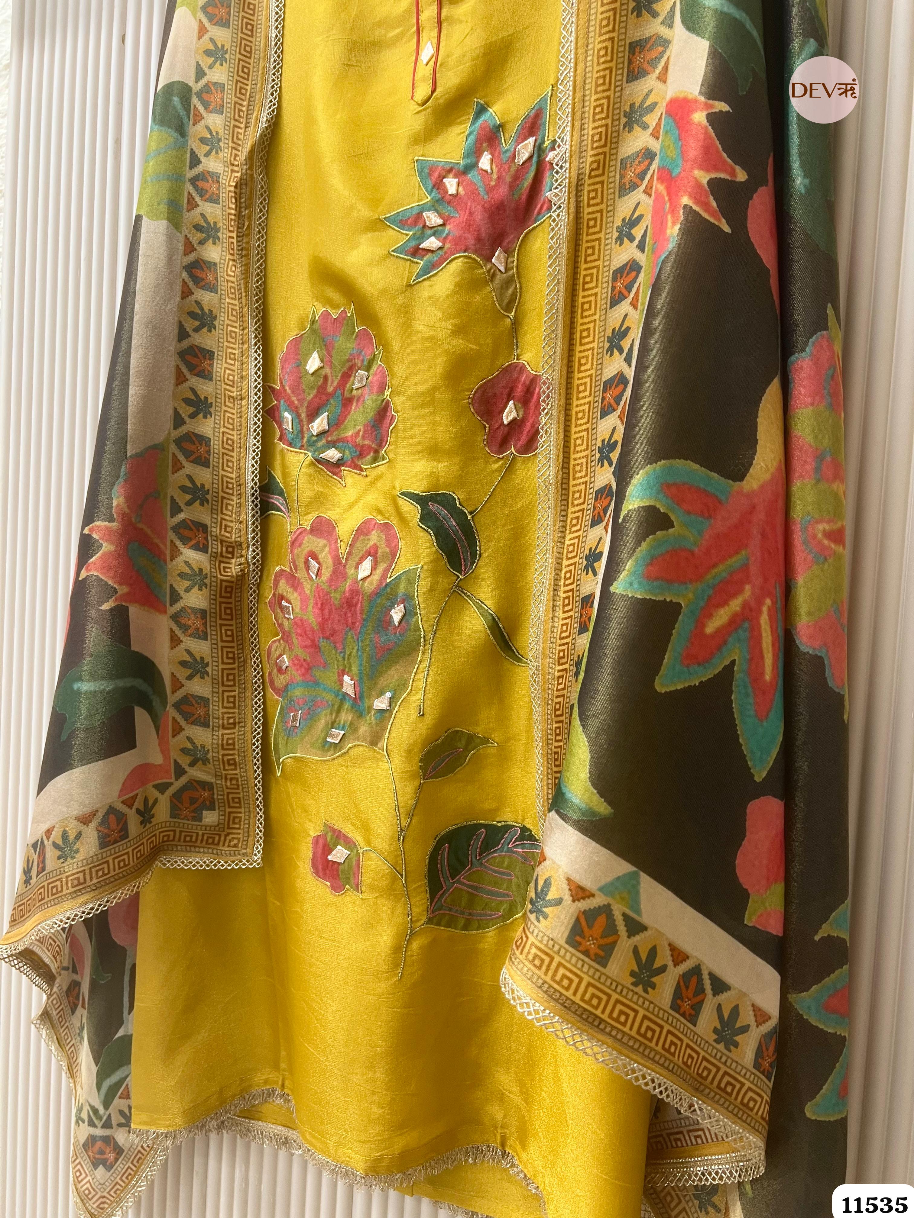 Yellow Tissue Silk Unstitched Applique Work Hand Embroidered -Set Of 3 {11535}
