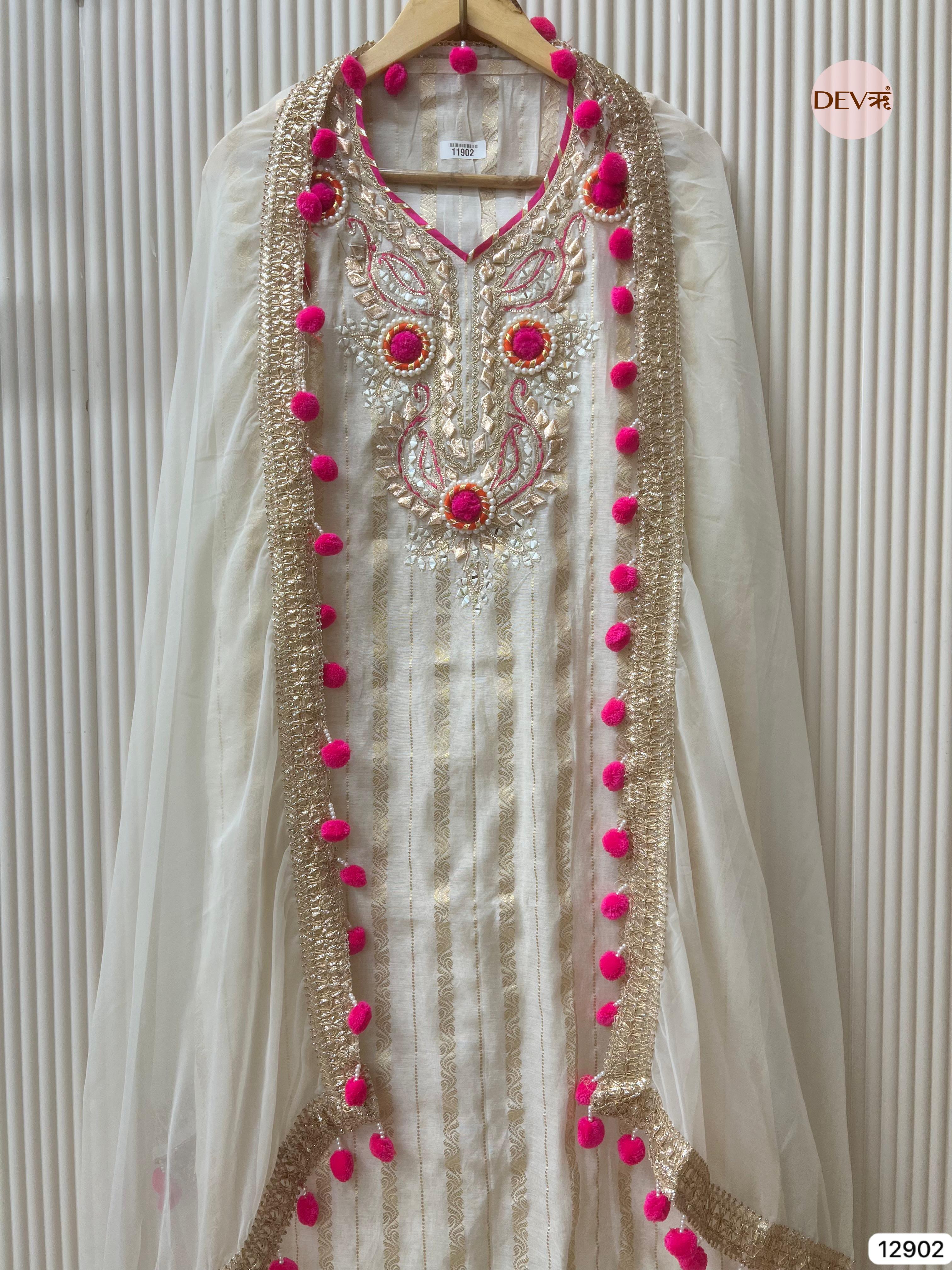 White Tissue Shimmer Silk Unstitched Hand Embroidered -Set Of 3 - {11902}