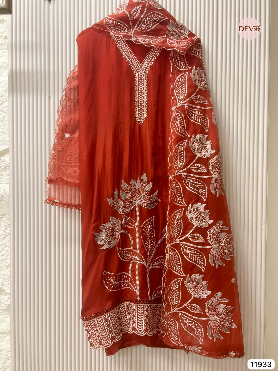 Rust Glass Tissue Silk Unstitched Embroidered -Set Of 3 - {11933}