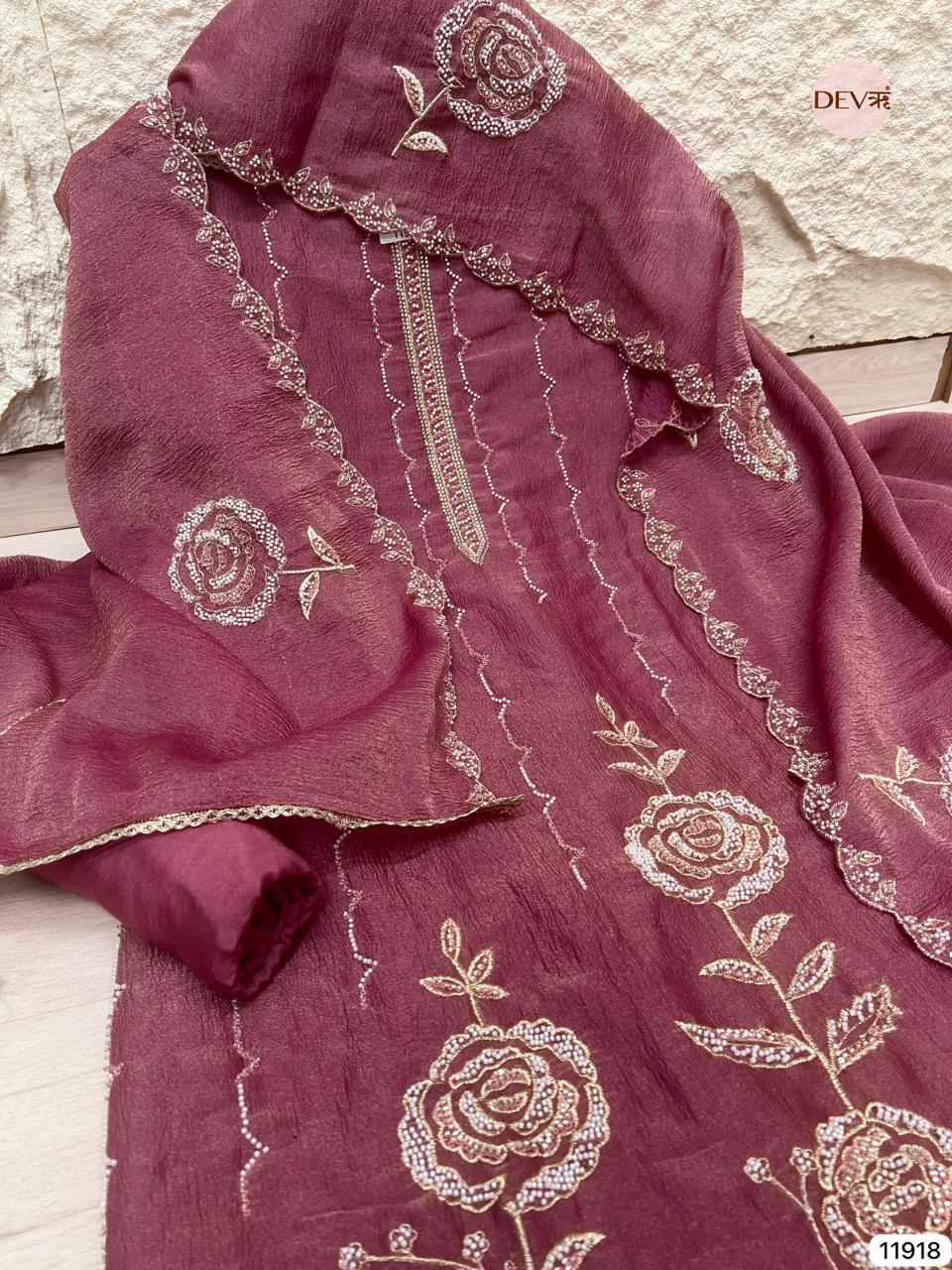 Purple Pure Tissue Crush Unstitched Hand Embroidered -Set Of 3 - {11918}