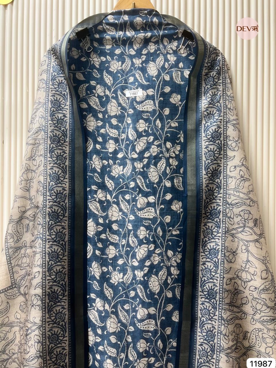 Blue Pure Tusser Silk Printed Unstitched 3-Piece Suit (Devri – D.No 11987)