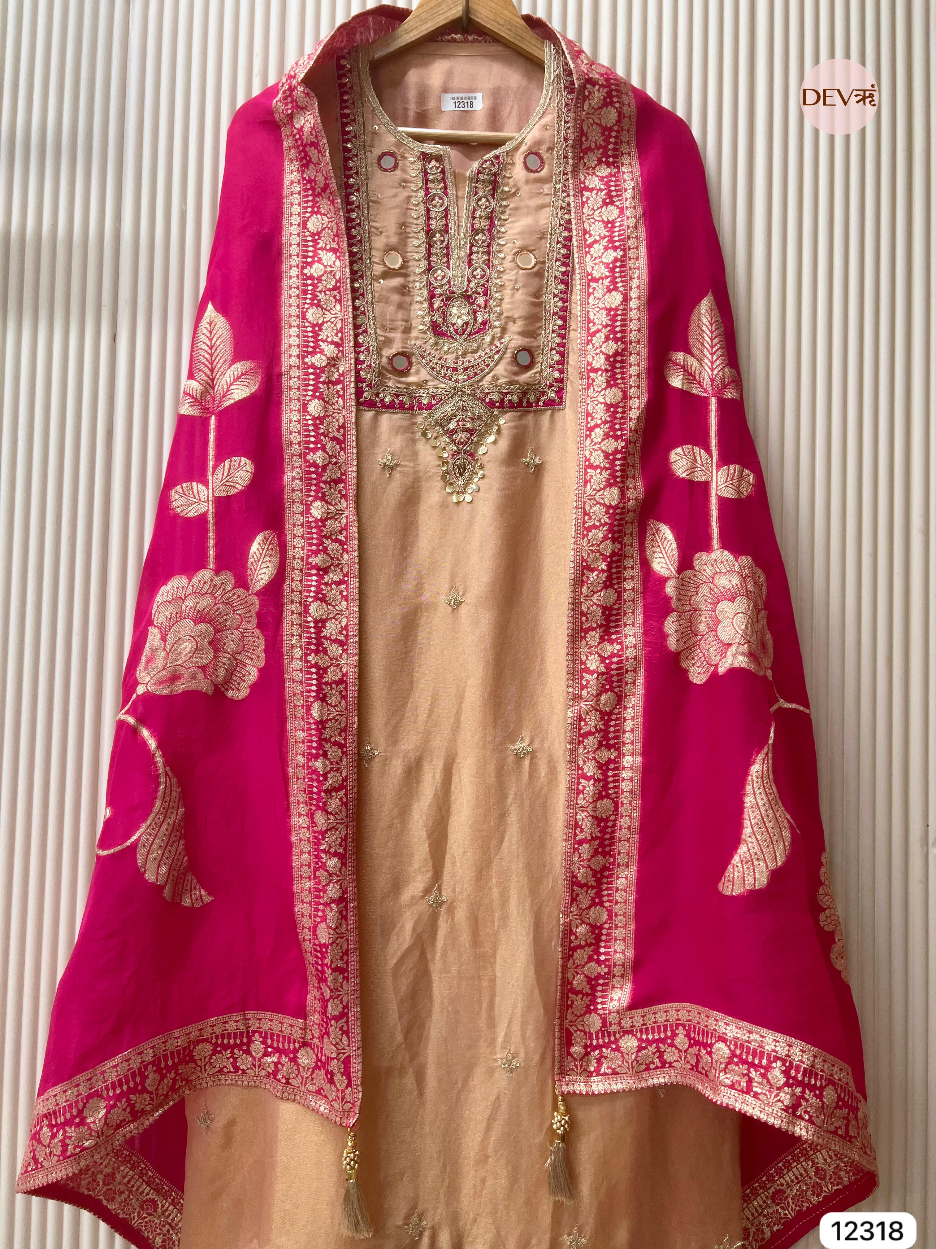 Champagne Gold Shimmer Silk Embroidered Unstitched 3-Piece Suit (Devri – D.No 12318)