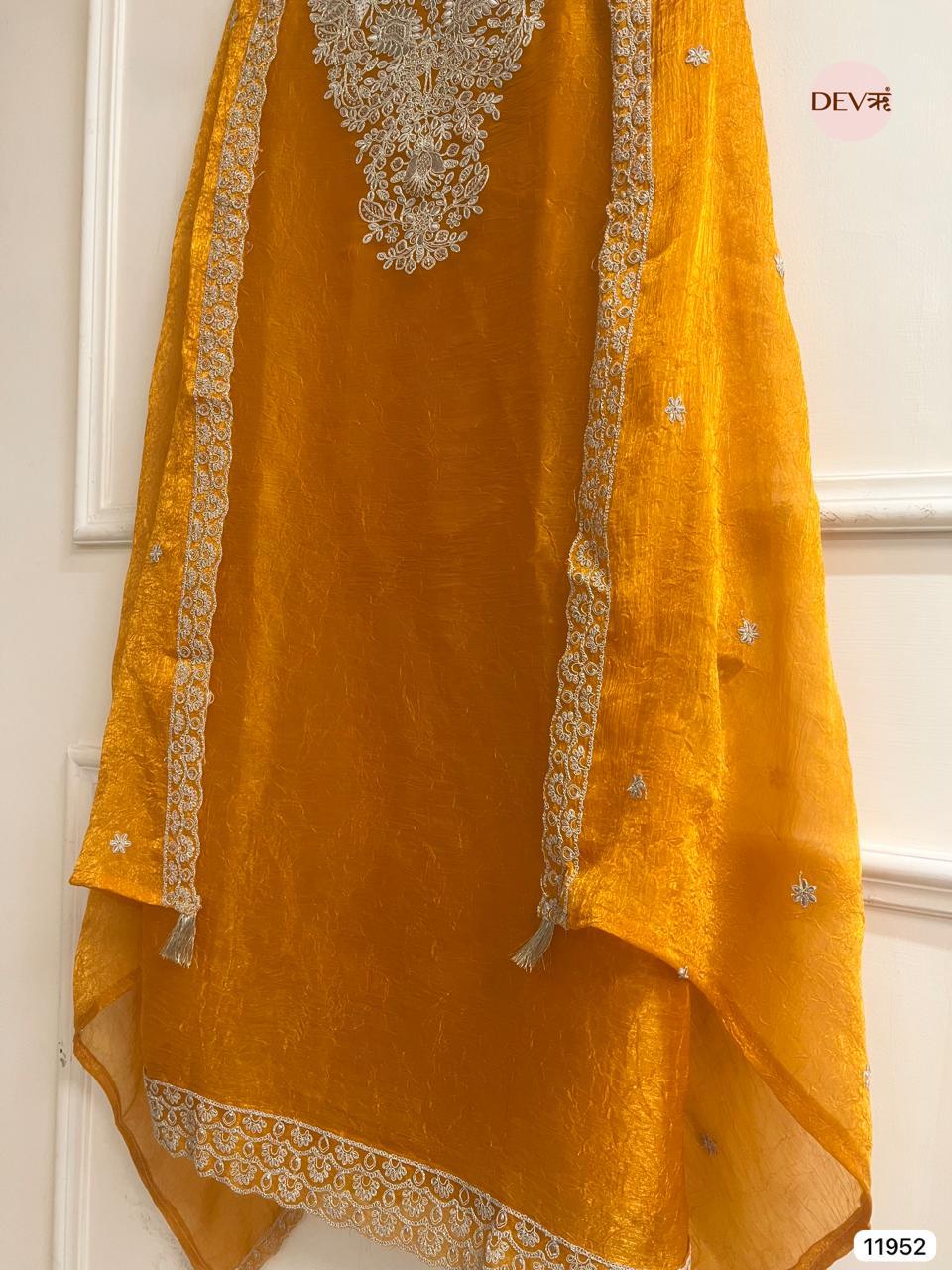 Mustard Crush Tissue Embroidered Unstitched 3-Piece Suit (Devri – D.No 11952)