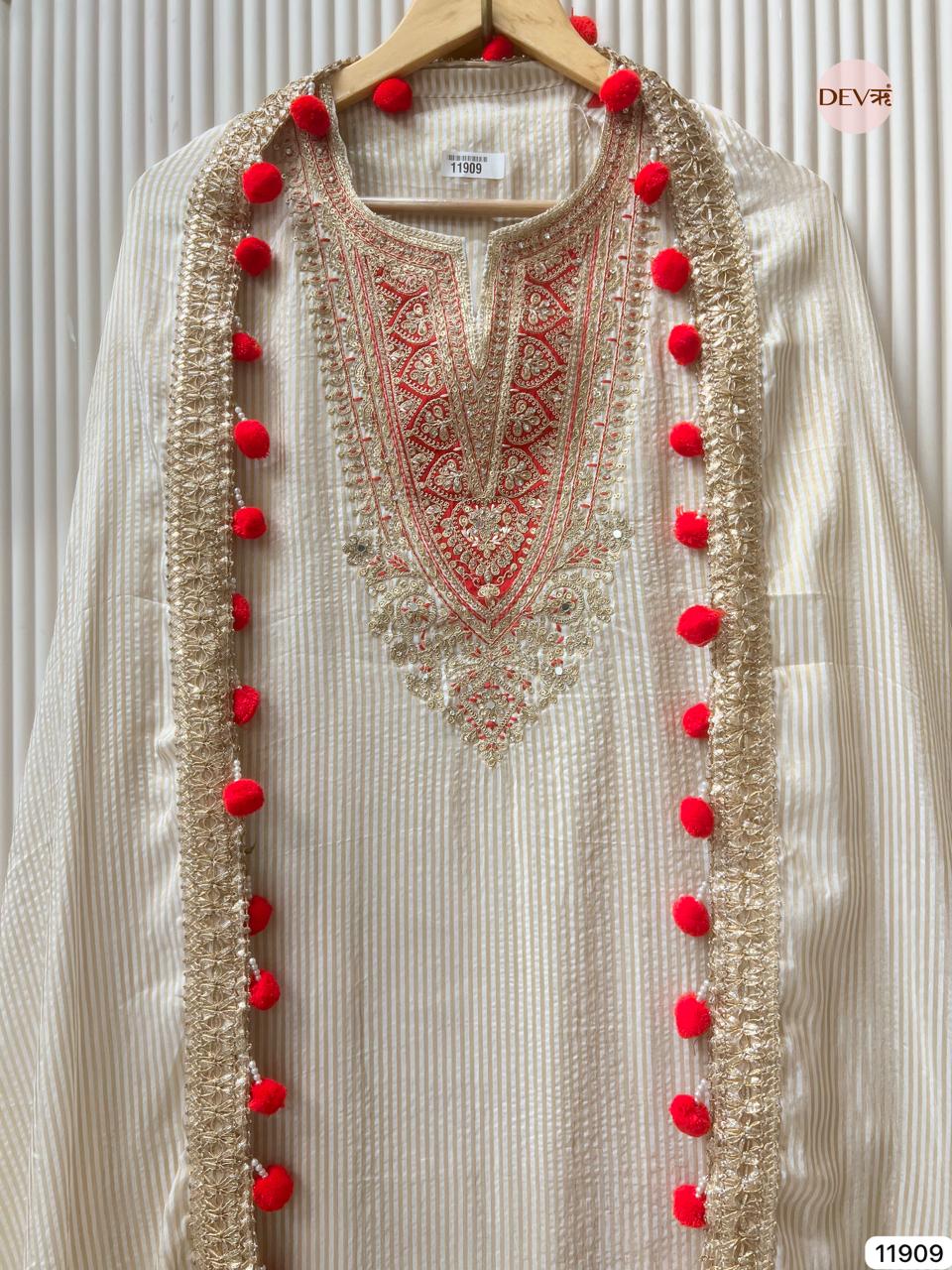 Cream Colour Tissue Shimmer Silk Unstitched Hand Embroidered -Set Of 3 - {11909}